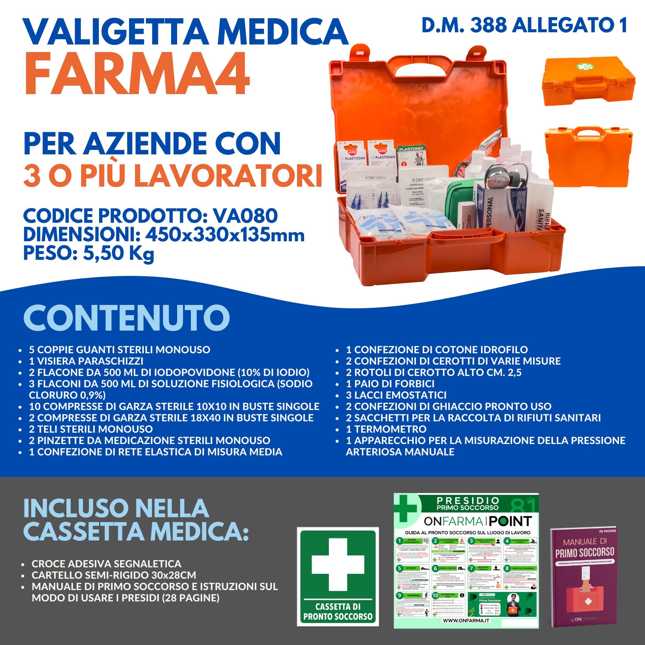 ONFARMA FARMA4 cassetta medica primo pronto soccorso COMPLETA DI MISURATORE DI PRESSIONE e CARTELLO DI PRIMO SOCCORSO conforme DM 388 allegato 1 per aziende con 3 o più lavoratori