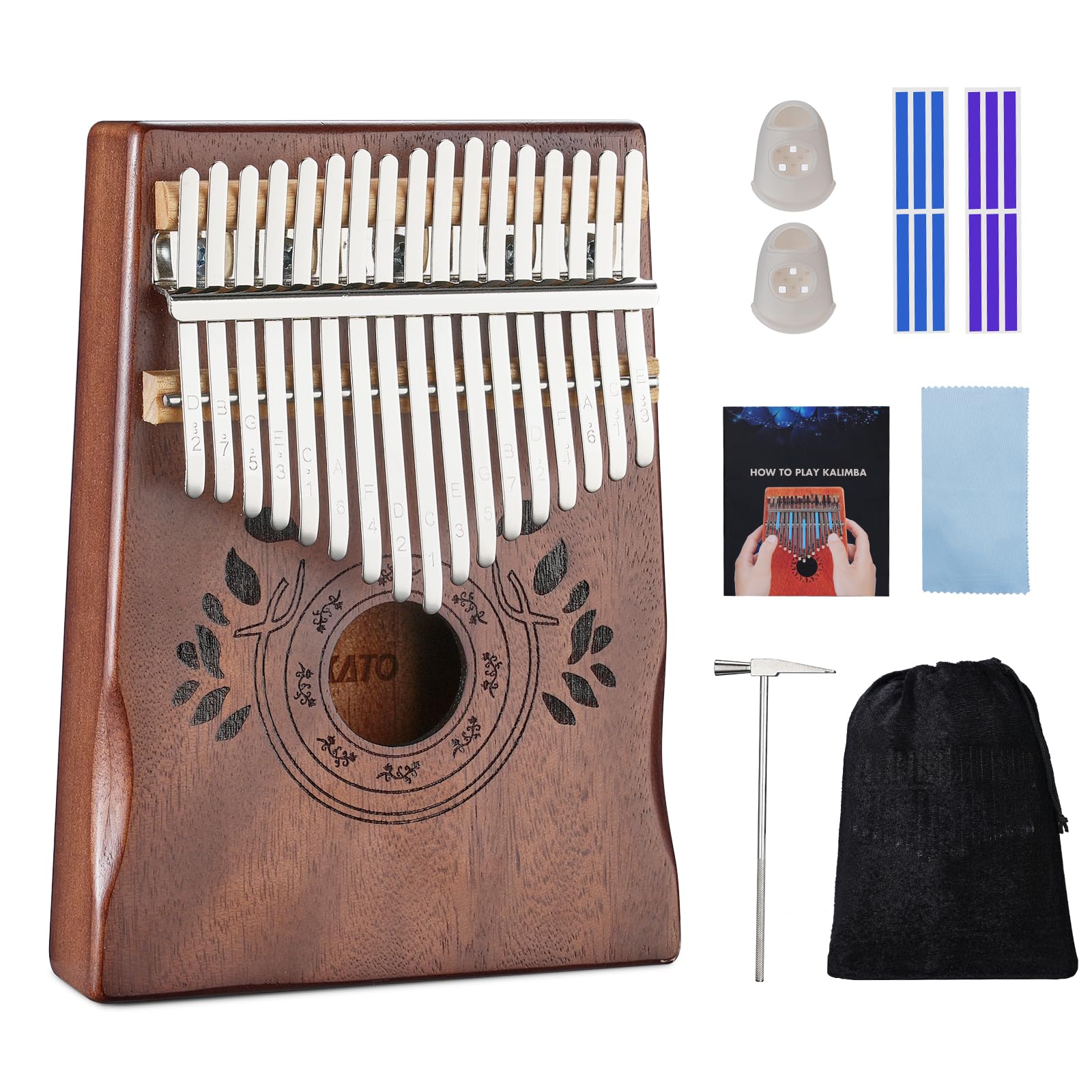 Kalimba 17 Keys, LEKATO Kalimba Instrument Thumb Piano, C Key, Mahogany, Stainless Tines, Marimbas with Song Book/Tuning Hammer/Flannel Bag/Note Stickers, Gift for Beginner(Classic)