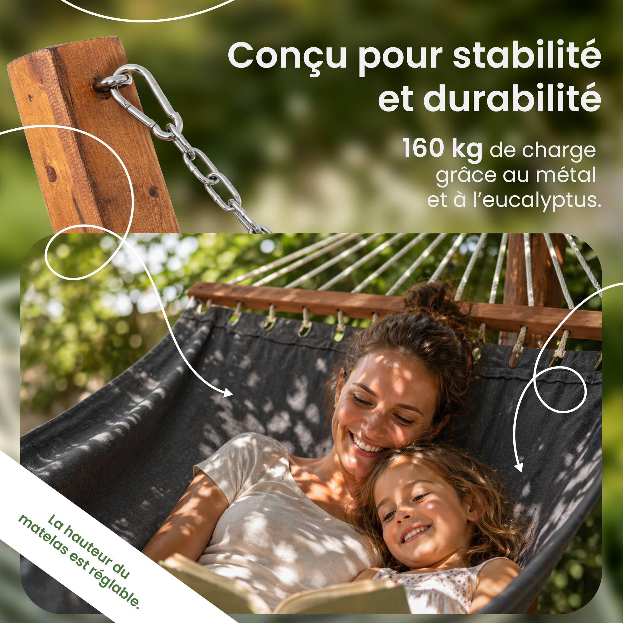 CLP Hamac avec Support Herriman, Support en Bois d'eucalyptus autoportant, pour Jardin et terrasse, 2 Personnes, Charge Max 160 kg, Couleur:Gris