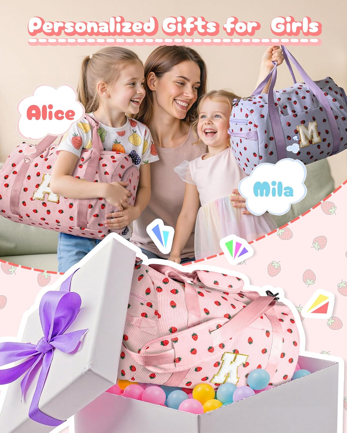 Gift for Sister, Girls Gym Bag, Kids Personalized Weekend Duffel Bags with Shoe Compartment, Initial Travel Tote with Makeup Bag, Birthday Gift for 5 6 7 8 9 10 Year Old Girl (Letter G) - Image 2