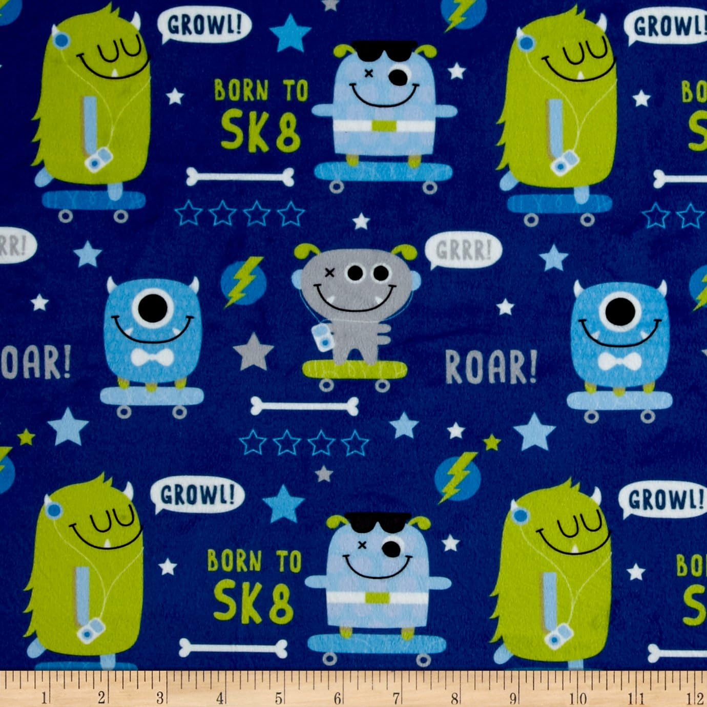 E.Z. Fabric Minky SK8 Monsters Blue, Fabric by the Yard