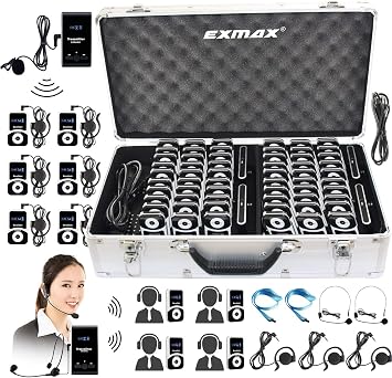 EXMAX ATG-100T 195MHz Wireless Tour Guide Voice Audio Transmission System+Aluminium Charge Case for Teaching Tour Guides Conference Travel Museum Hajj Church Translation 4 Transmitters 60 Receivers