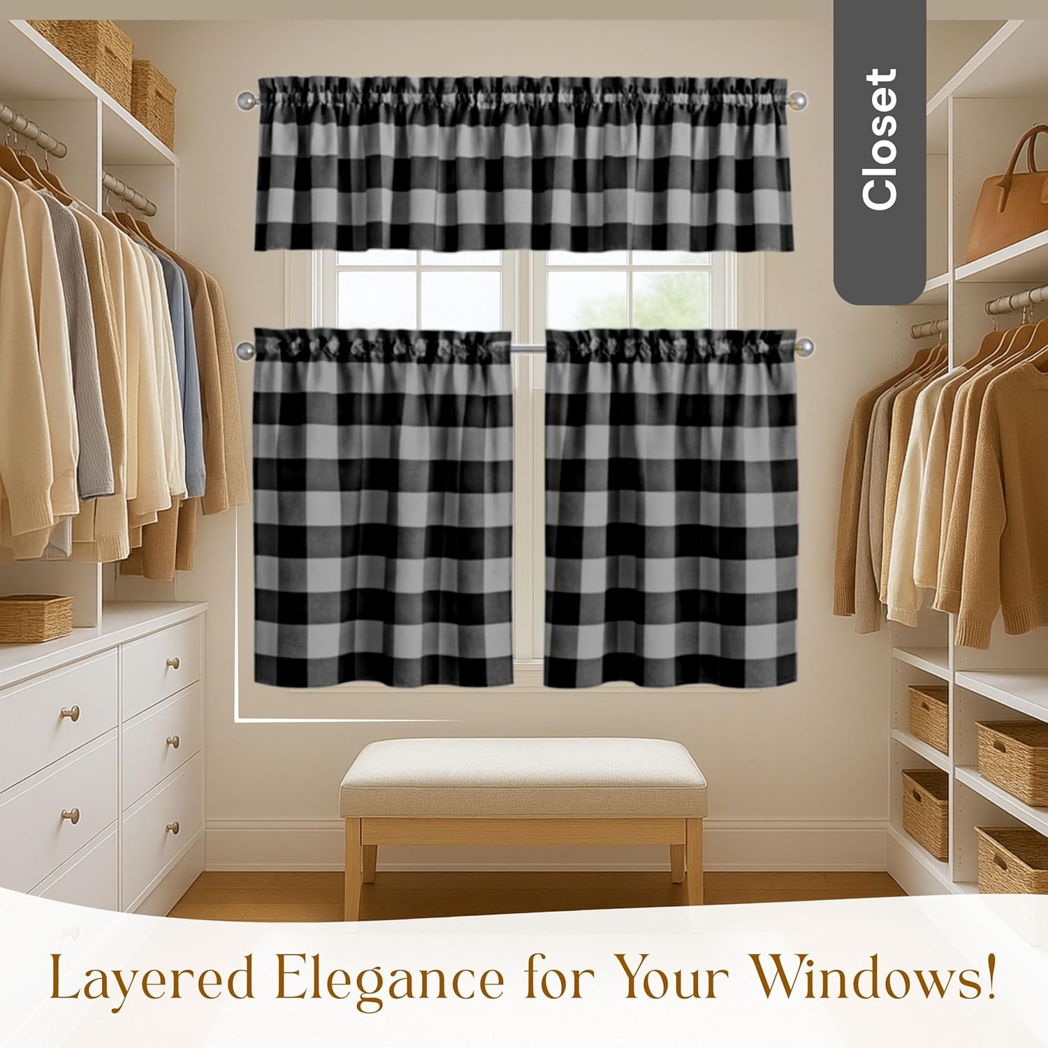 Native Fab Buffalo Plaid Window Curtain Set, 3 Piece Cotton Tier and Valance, 2 Tiers 26x36 Inch and Valance 54x18 Inch, Rod Pocket Curtains for Kitchen, Bedroom, Office, Ash Grey Black