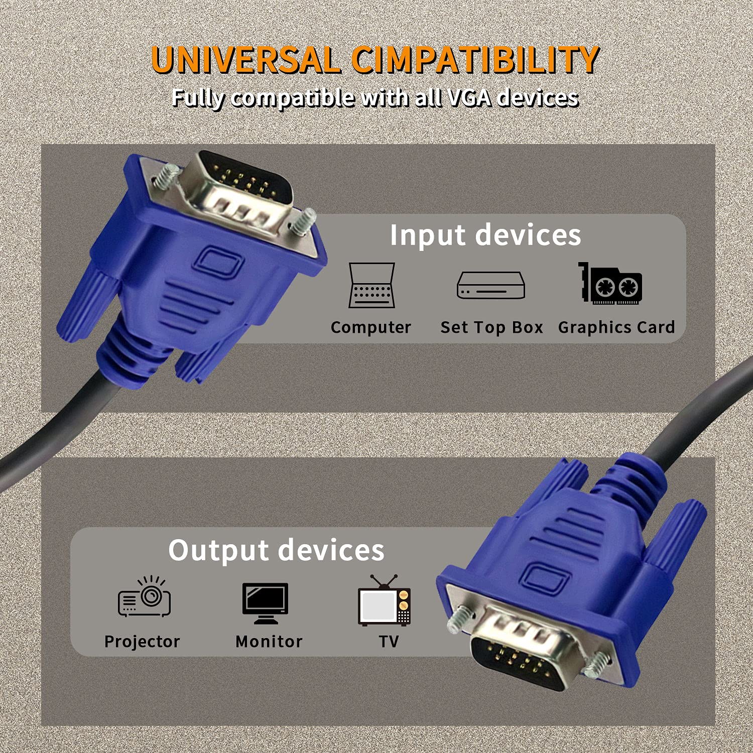 Paquete de 3 cables VGA a VGA, cable HD15 macho a macho de 10 pies para monitor de computadora de TV con conector azul 5