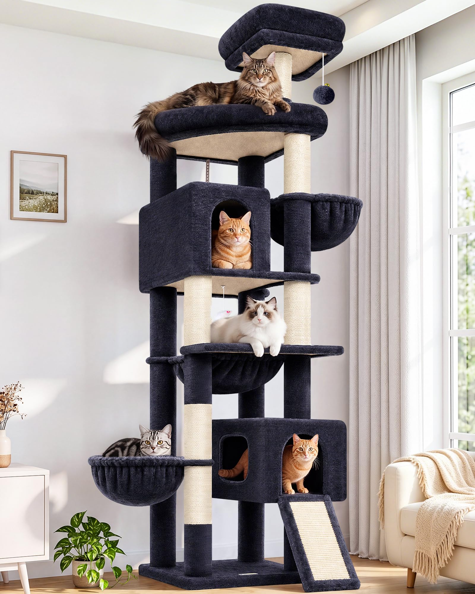 Globlazer Árbol Rascador XXL 209 cm para 2/3/4 Grande Gatos Interiores F82C | Estabilizar Árboles de actividades para gatos con Hamaca Rampa de sisal para Gatitos Gatos adultos Gatos mayores