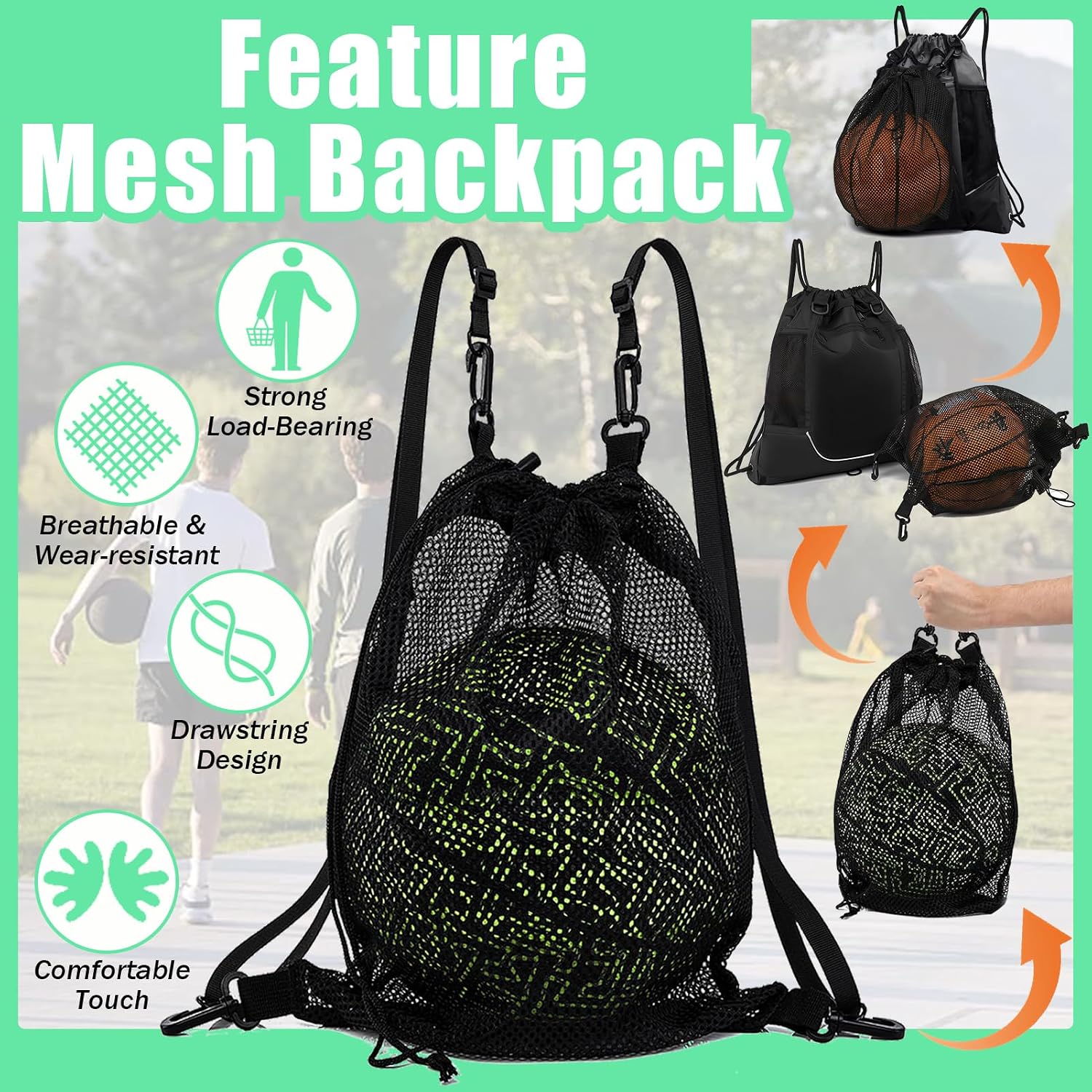 Drawstring Soccer Bag Basketball Backpack for Kids Teens, Foldable Sports Bags Detachable Ball Mesh Bag for Gym Yoga Football Baseball