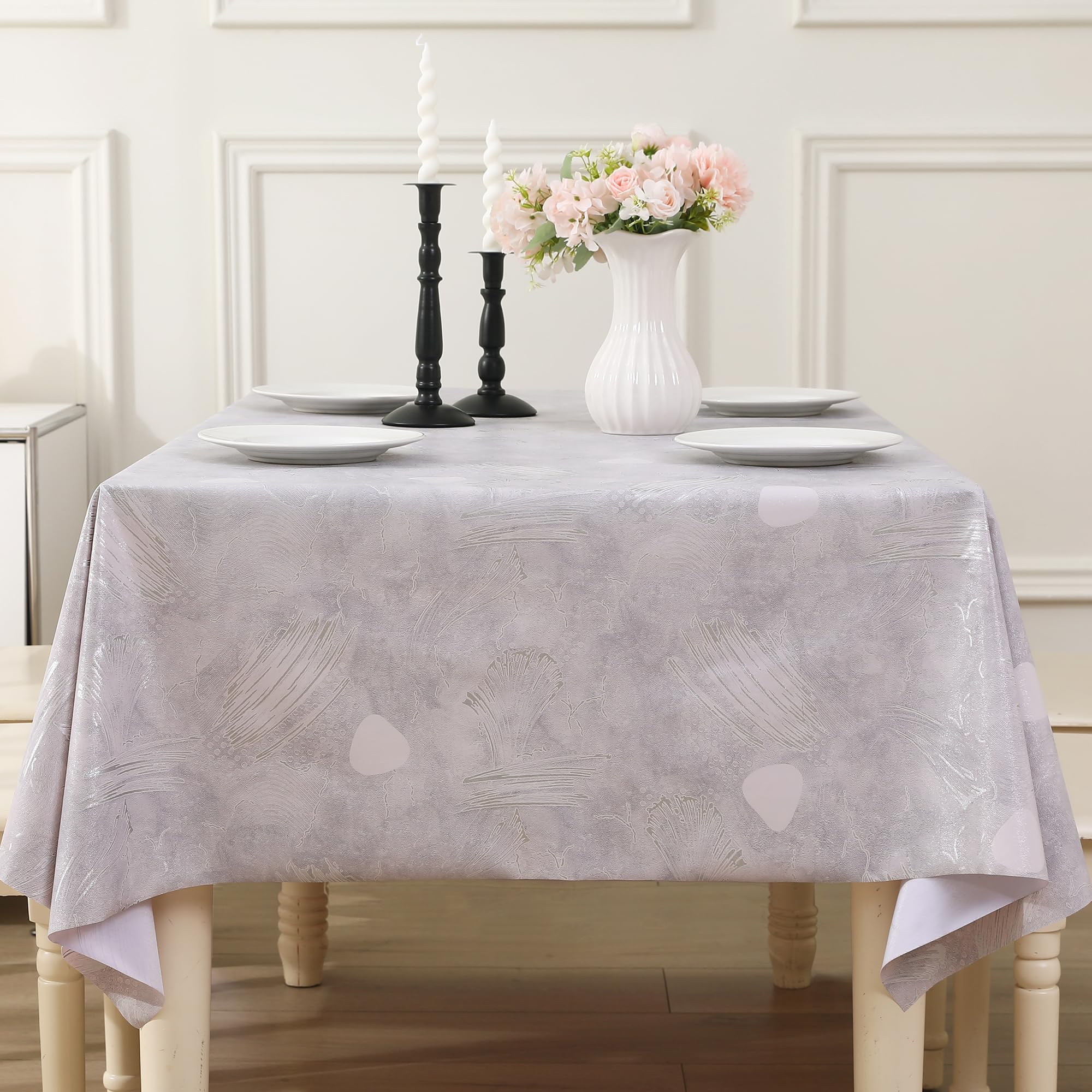 Rayapot Tovaglia Plastificata Rettangolare 140×220cm,Tovaglie in Plastica PVC Lavabile Impermeabile e Antimacchia,Facile da Pulire,Copritavolo per Cucina e sala da Pranzo-Piume Grigie
