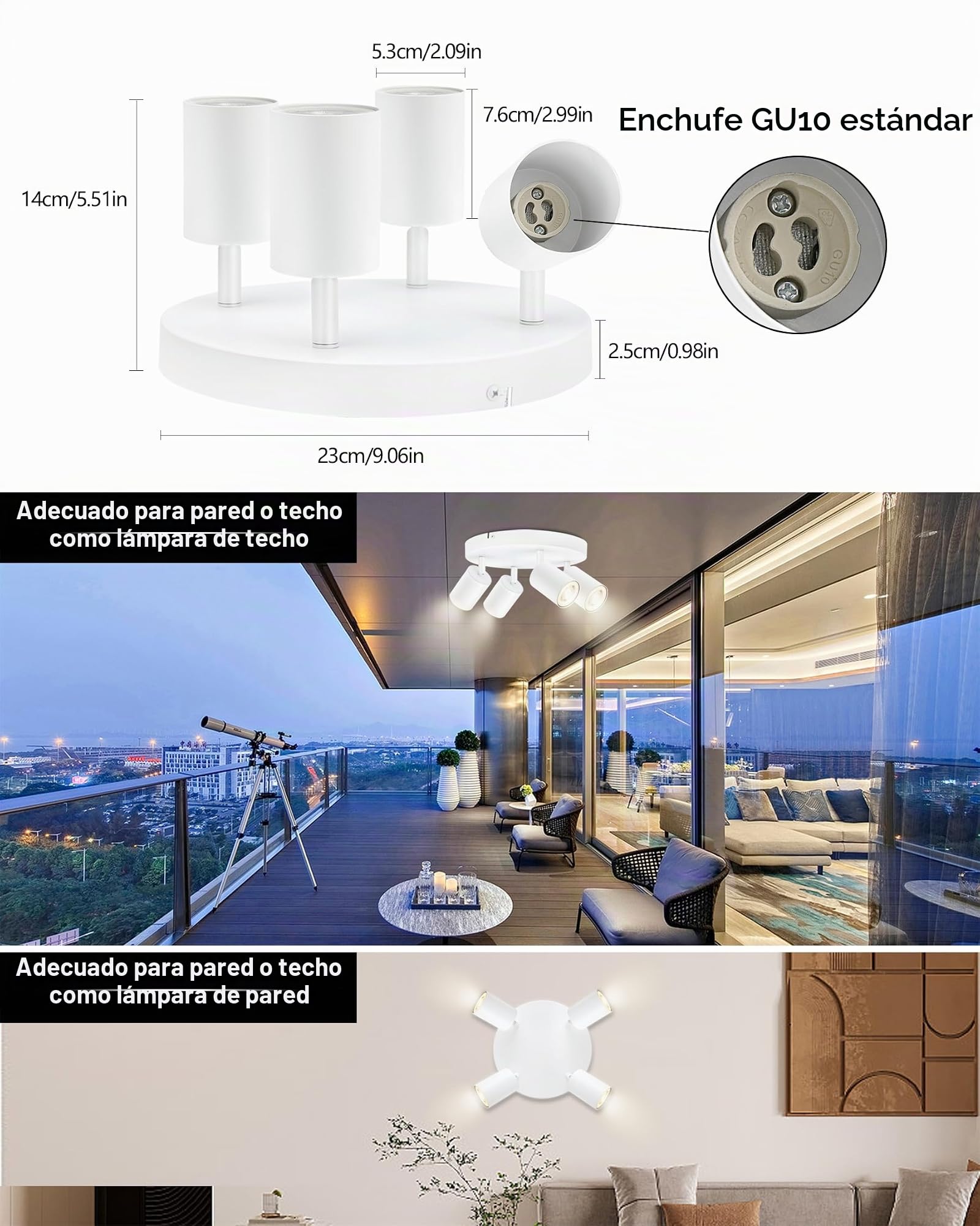 GU10 Lámpara de Techo con 4 Focos, Foco de Techo LED Ajustables y Giratorios, Plafón Moderno Blanco para Salon, Dormitorio, Sin Bombilla