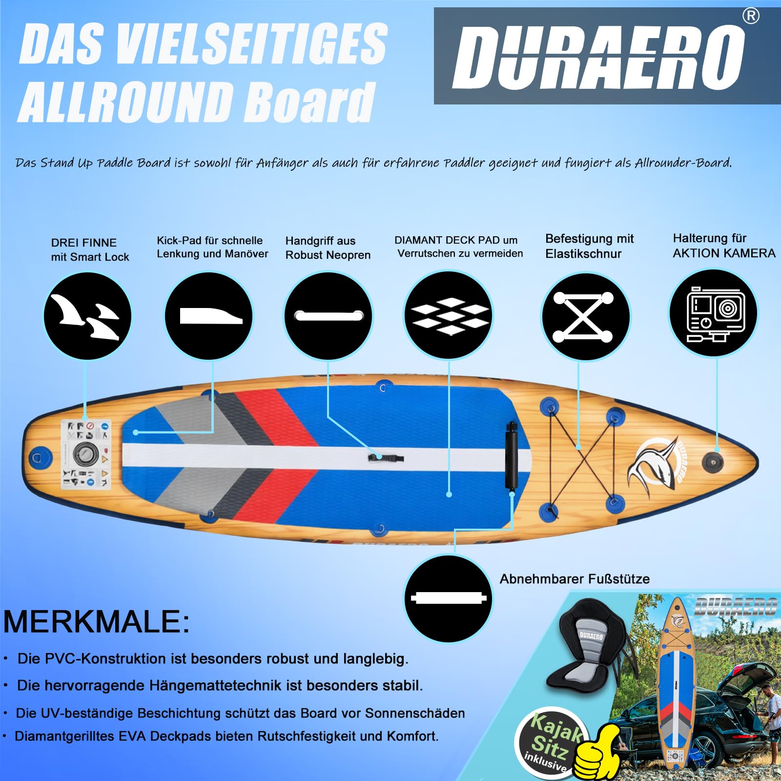DURAERO Tavola SUP gonfiabile XXL 330cm, stand up paddle con sedile kayak e poggiapiedi, pagaia doppia, supporto fotocamera, accessori completi, portata 150 kg, effetto legno