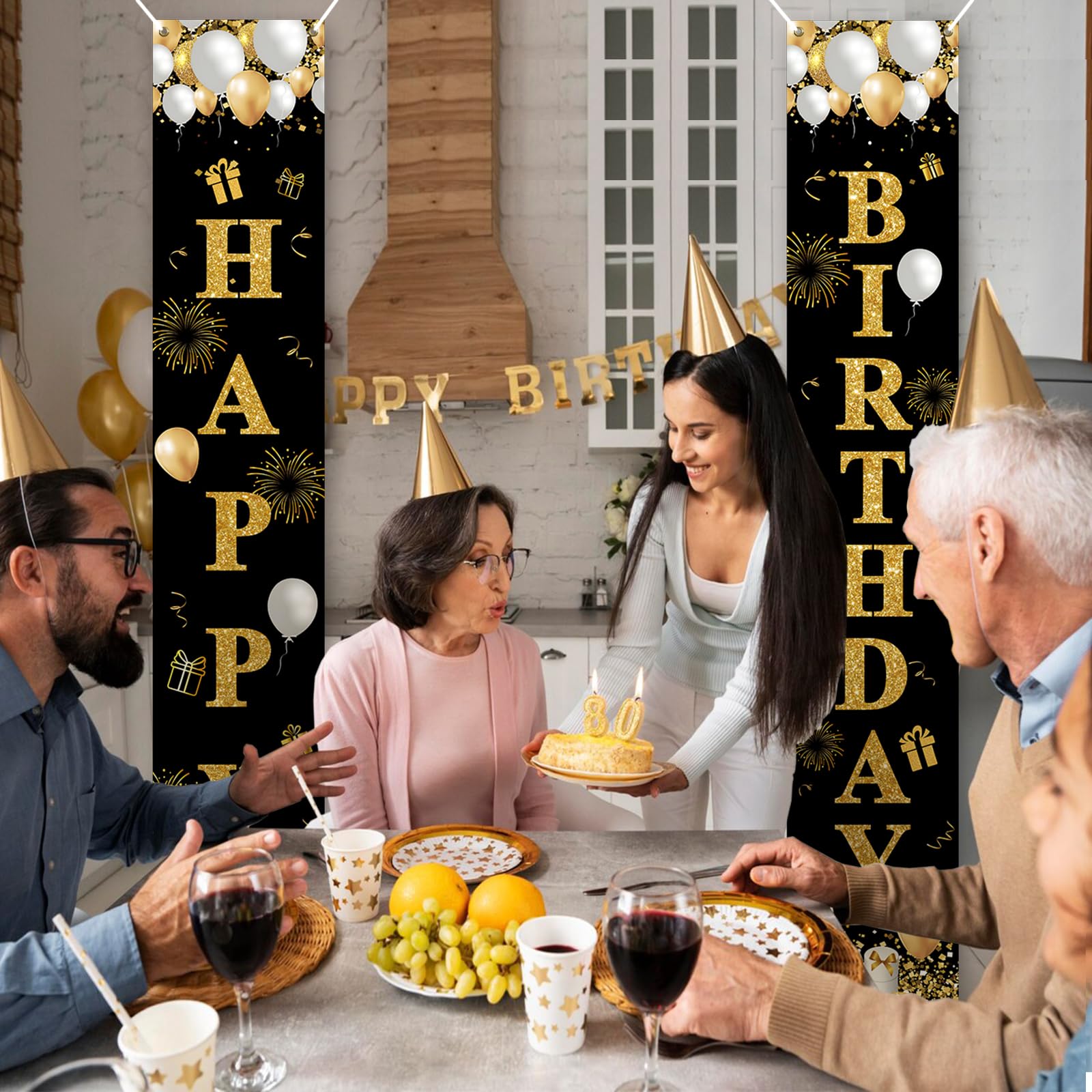 PartyYaa Verjaardagsbanner – Happy Birthday, 180x110 Cm – Blauw Wit Goud – Met Touw & Ringetjes – Achtergronddecoratie