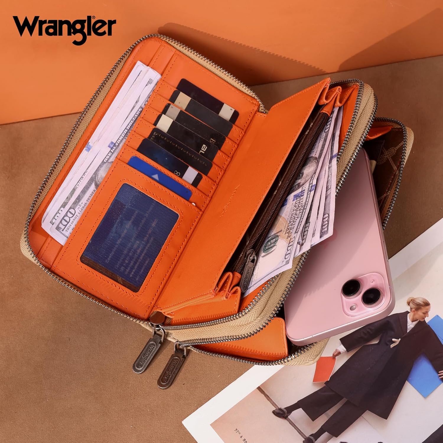X Wrangler Wrist Wallets for Women Ladies Female Large Capacity Cell Phone Wallet with Rfid Lining Oversized Double Zipper Pocket Wallet with Wrist Strap WG185-W050KH