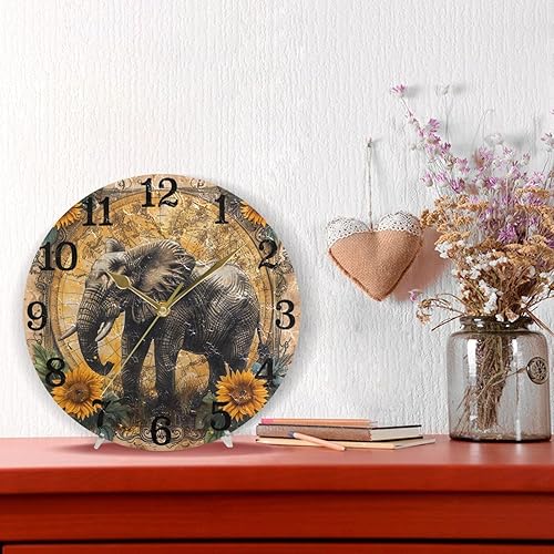 Miniatura 6 de KLL Vintage Boho Elefante Girasoles 10 pulgadas redondo cocina reloj de pared silencioso Deco para la escuela aula sala de estar reloj de pared para