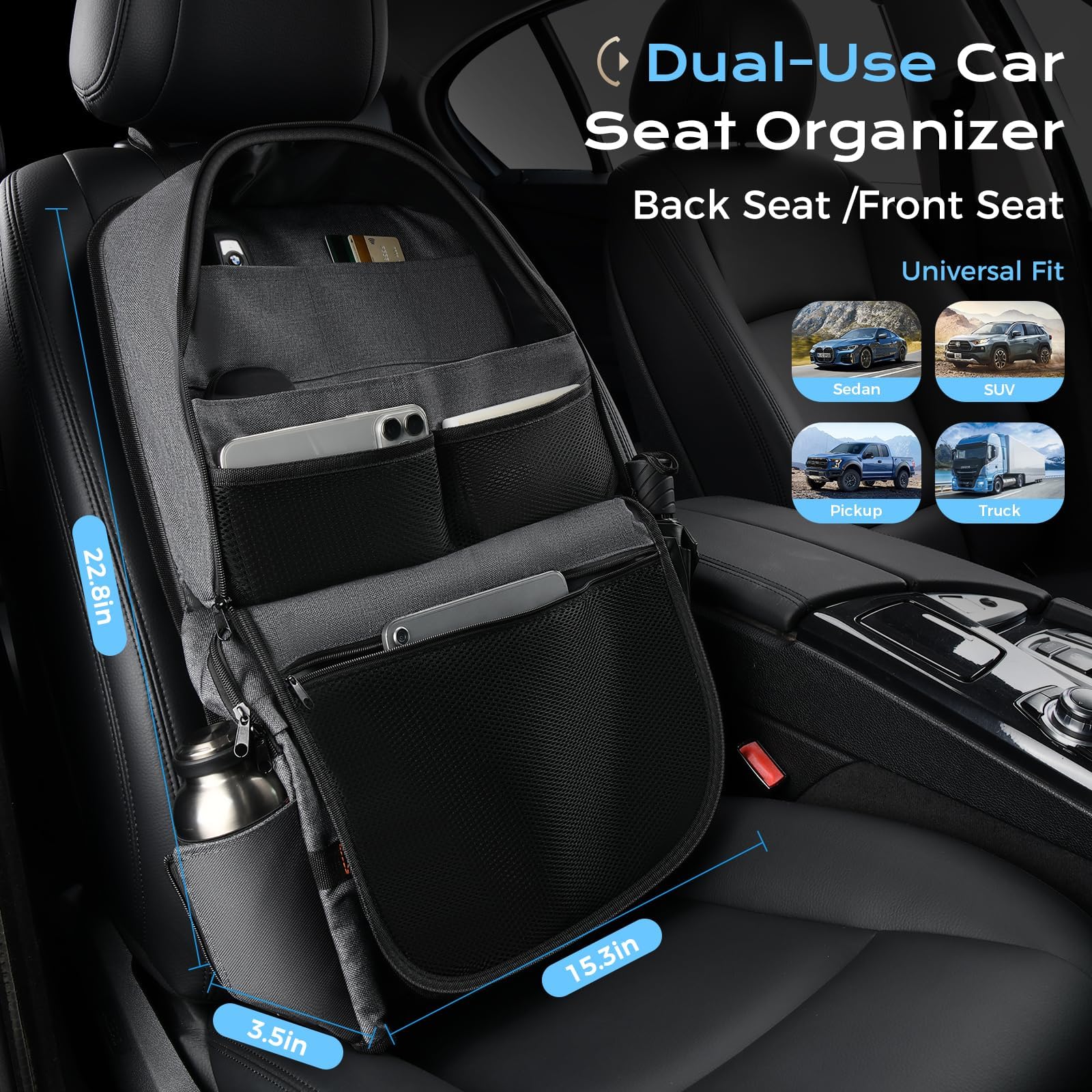 Coverado Organizador de asiento trasero de coche, resistente, duradero, de doble dirección, impermeable, con bolsillos reforzados, diseño de cierre de cremallera, protege los objetos de valor de