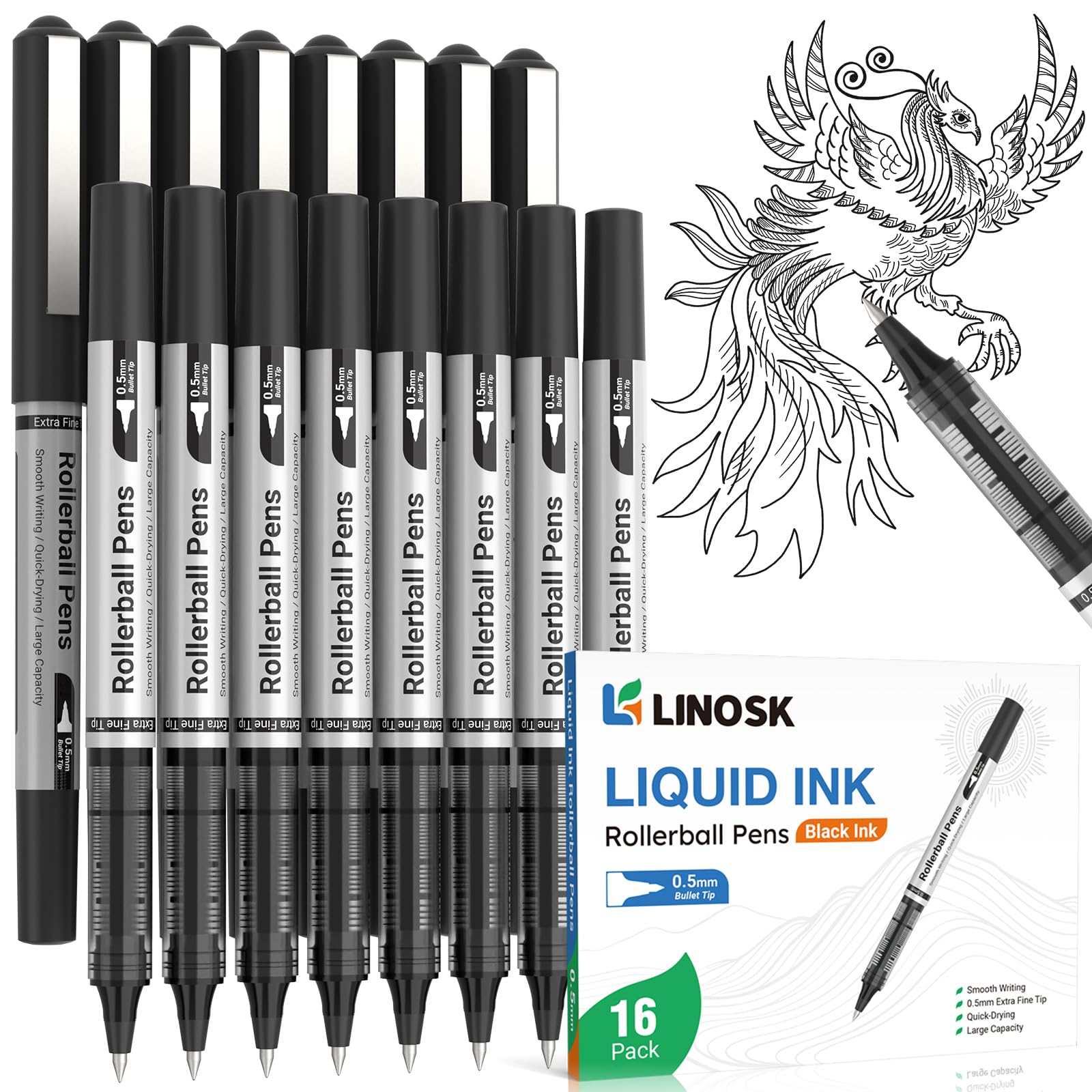 LINOSK Black Gel Pens 16-Pack, 0.5mm Fine Point Rollerball Pens with Quick-Drying Ink, Smooth Writing for School, Office, Note Taking & Sketching