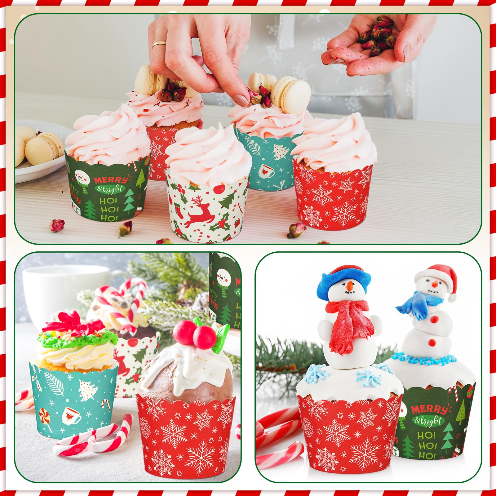 Uiifan 200 tazas de papel para hornear magdalenas de 6 onzas, tazas de papel para hornear a prueba de grasa, vasos de papel para magdalenas de Navidad, 4 estilos, taza de papel para hornear de