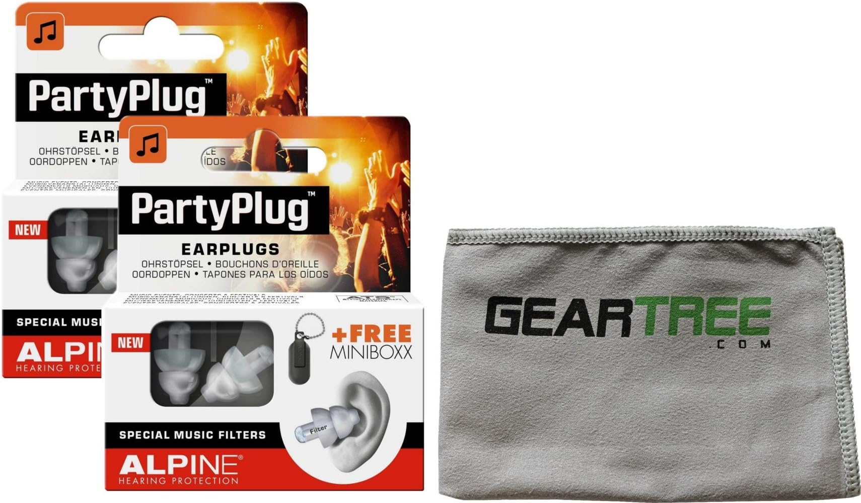 Two Alpine Partyplug Single-Attenuator Molded Earplugs Clear w/cloth