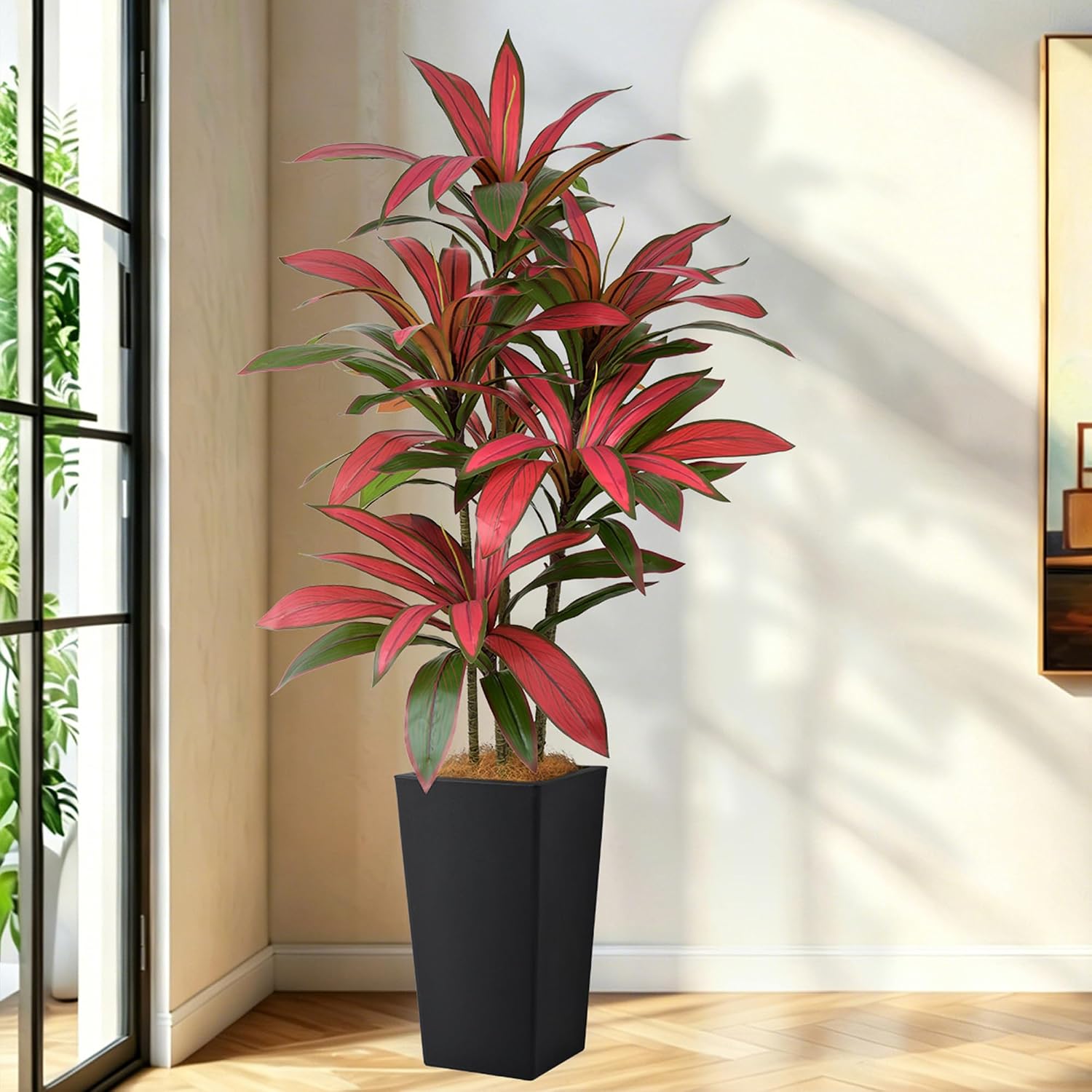 Artificial Dracaena Tree 5ft(60in) Faux Silk Tree with Tall Black Planter, Fake Floor Potted Artificial Plants for Home Office Living Room Indoor Outdoor Decor (5feet,1Pack)
