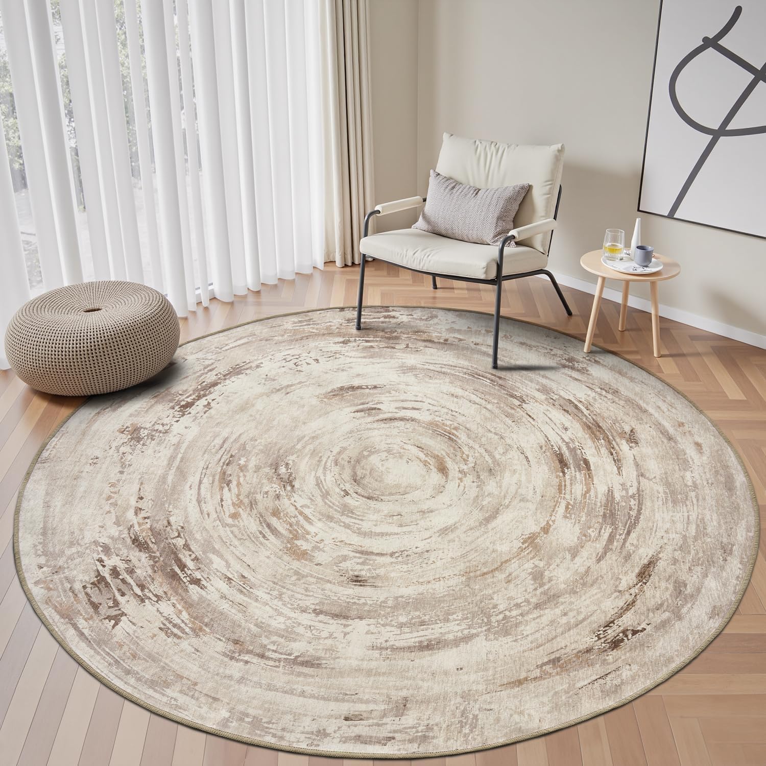 6 ft Round Area Rugs for Living Room Rug Bedroom Dining Room Rugs Under Table Circle Circular Rug Washable Throw Modern Abstract Non Slip Durable No Pile Beige 6' (Round)