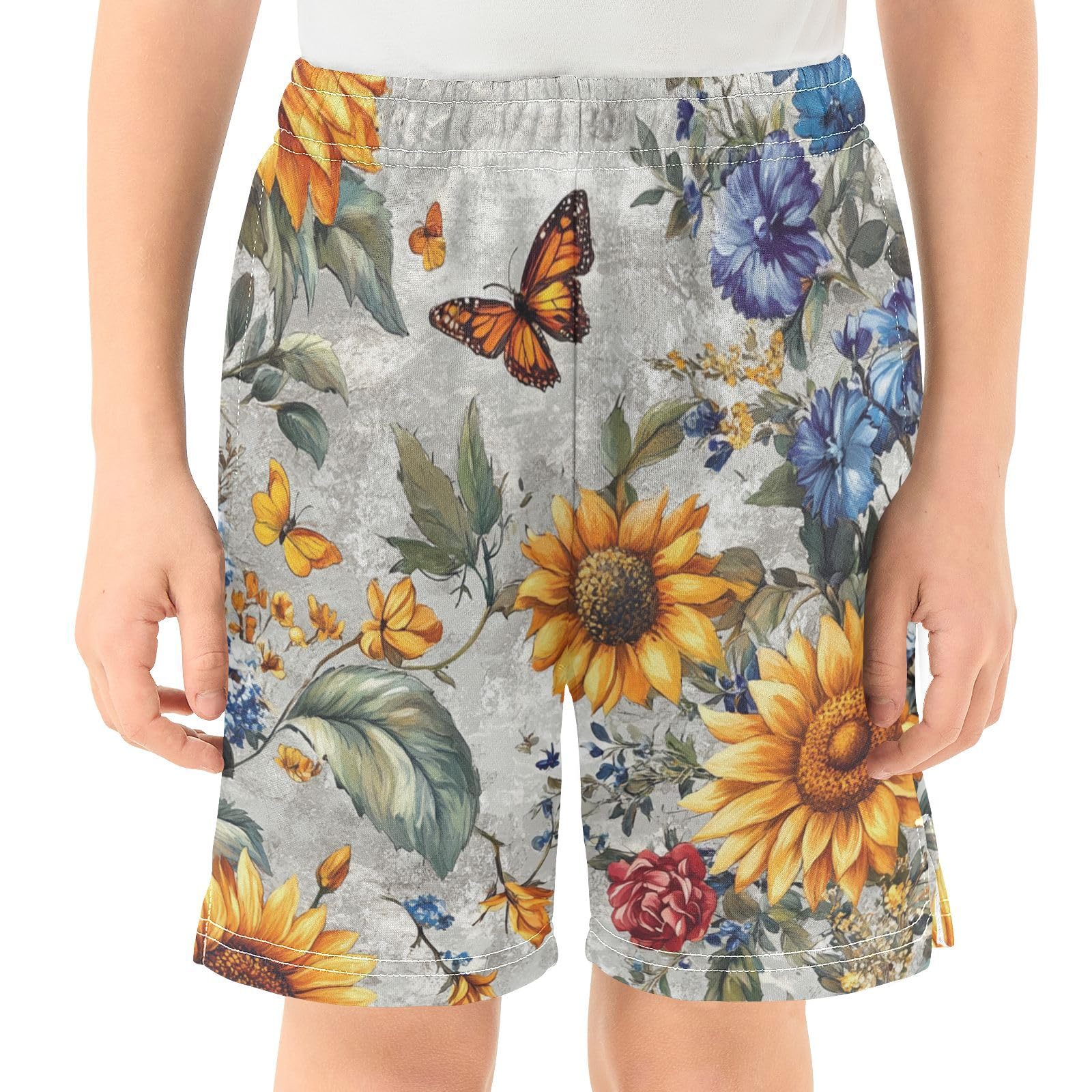 Athletic Shorts Boys with Pockets Running Short Pants XL Fall Flowers Sunflower Peony Butterflies Bees Birds