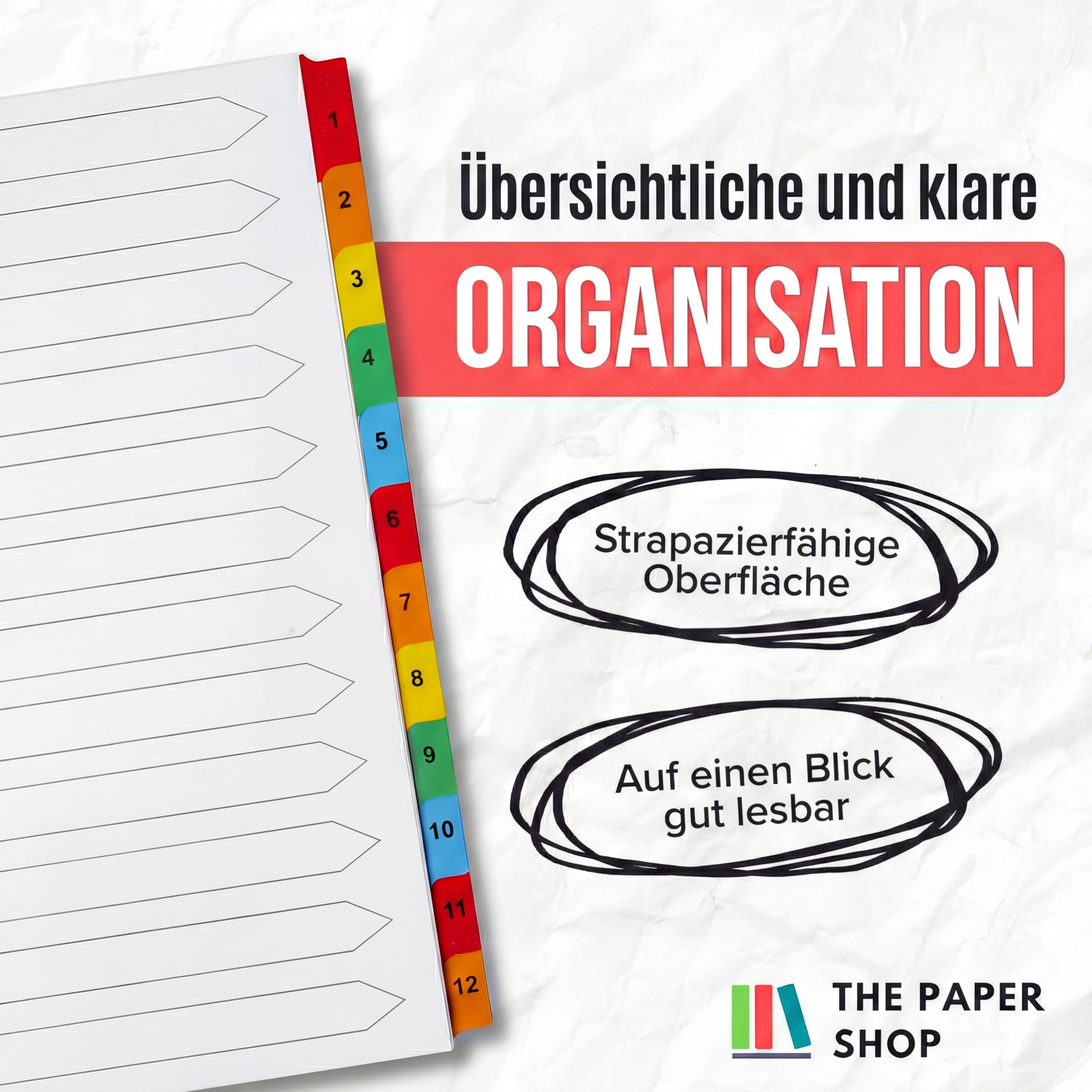 The Paper Shop Register für Ordner A4+ Extra Breit - 12-teilig Nummeriert (10 Pack) | Trennstreifen & Unterteiler für Ringordner | Extra Breite Trennblätter Großpack - 120 Stück