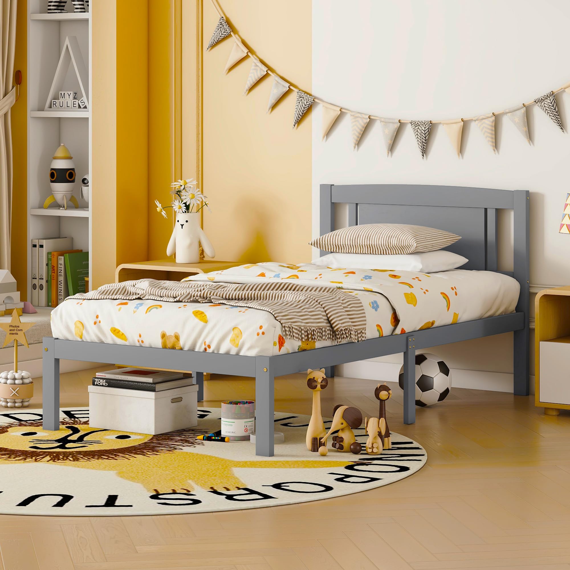 Twin Size Bed,Twin Size Bed Frame with Wood Headboard,10.9" Storage Space,Mattress Foundation with 12 Wooden Slat Support/Easy to Clean/No Box Spring Needed/Easy Assembly,for Bedroom,Gray