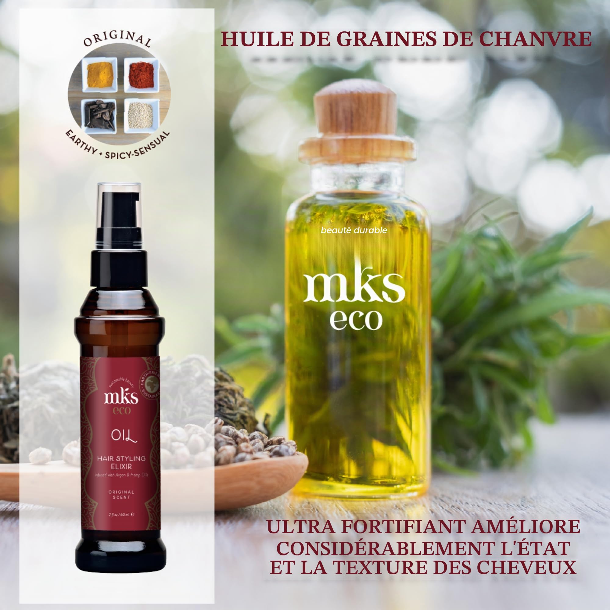 MKS eco huile, Original - 2 fl oz - Élixir coiffant - huile d'argan du Maroc, huile de graines de chanvre - Hydrate et nourrit les cheveux, contrôle les frisottis, rend les cheveux plus doux