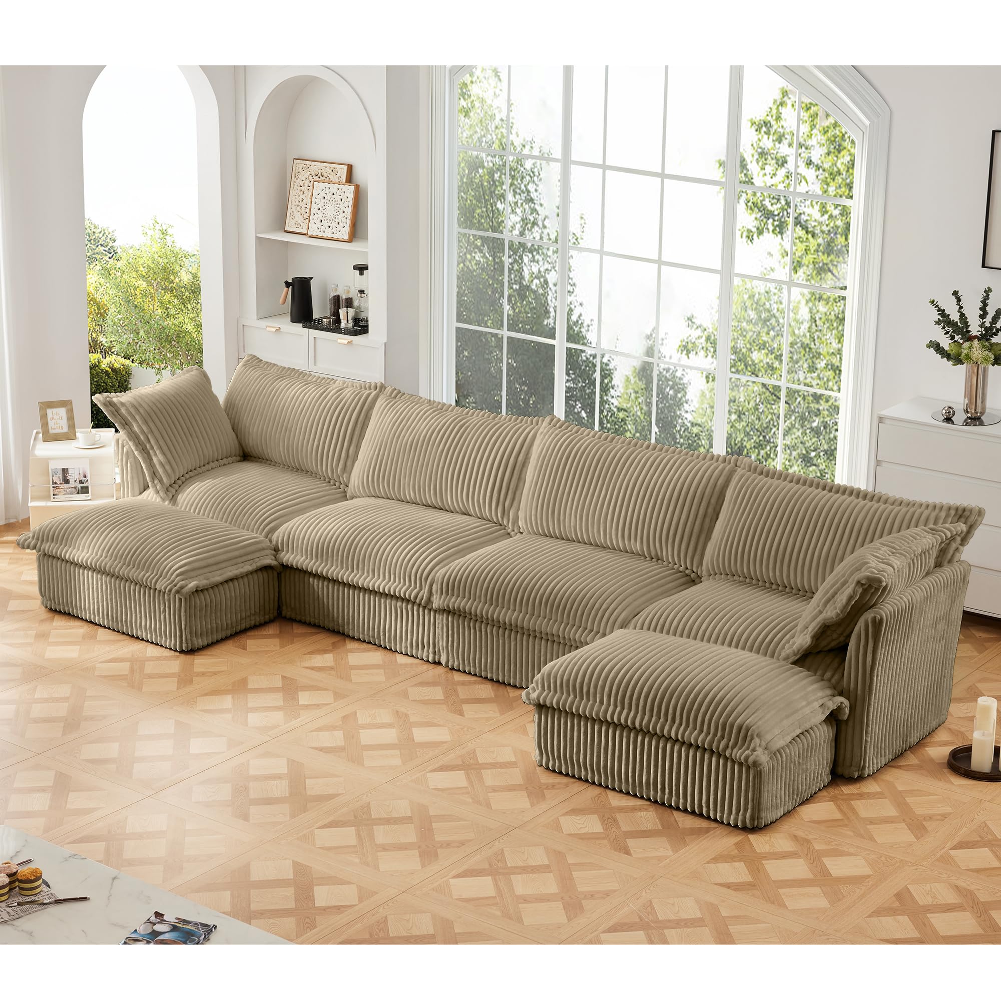 RENDGO 156.6" U Shape Corduroy Sectional Sofa Couch, 6 Seater Deep Seat Comfy Cloud Couch for Living Room, Apartment,Camel