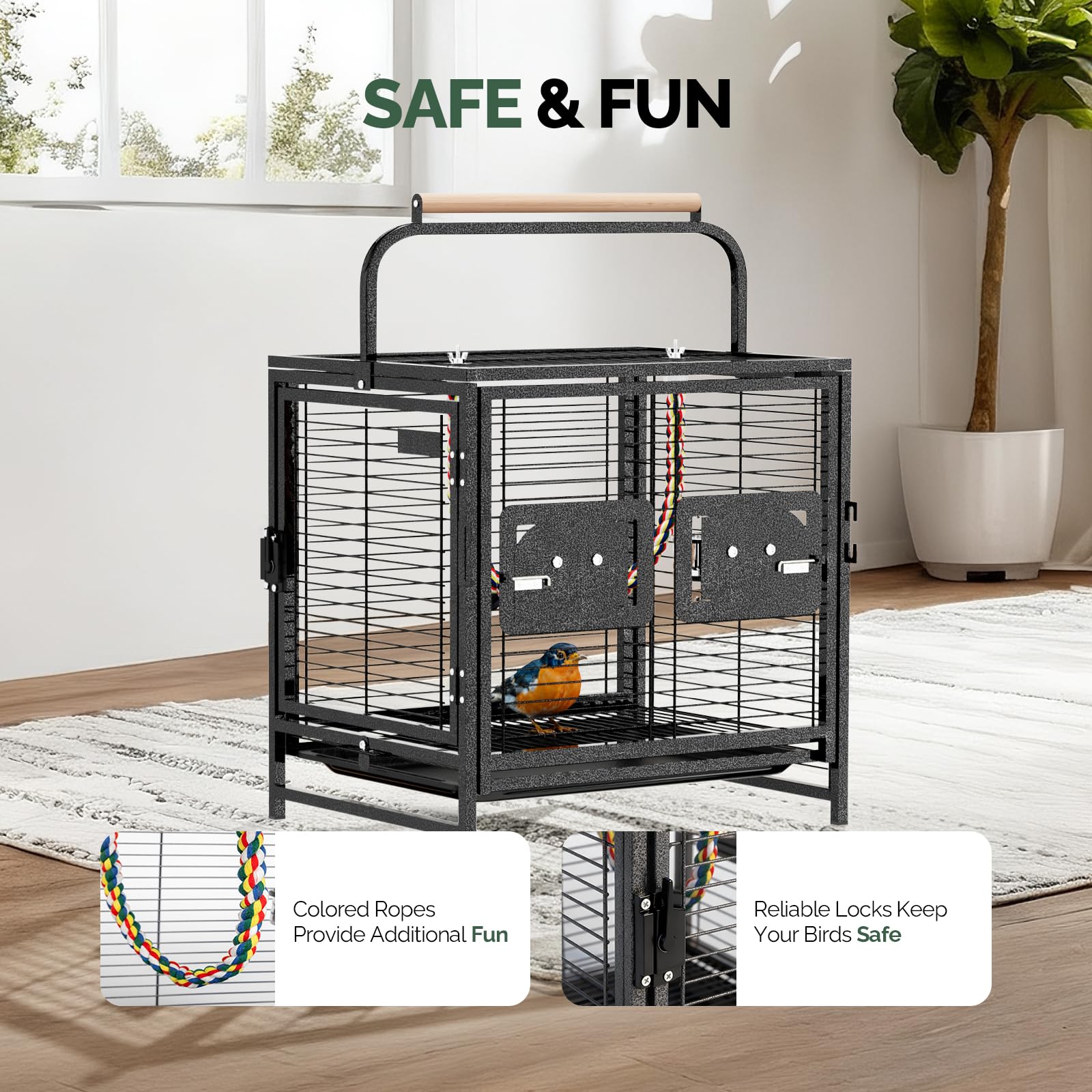 LEADZM Jaula para periquitos y loros, jaula de transporte portátil con mango de madera, jaula de hierro resistente con bandeja extraíble, 65 x 48 x 37 cm