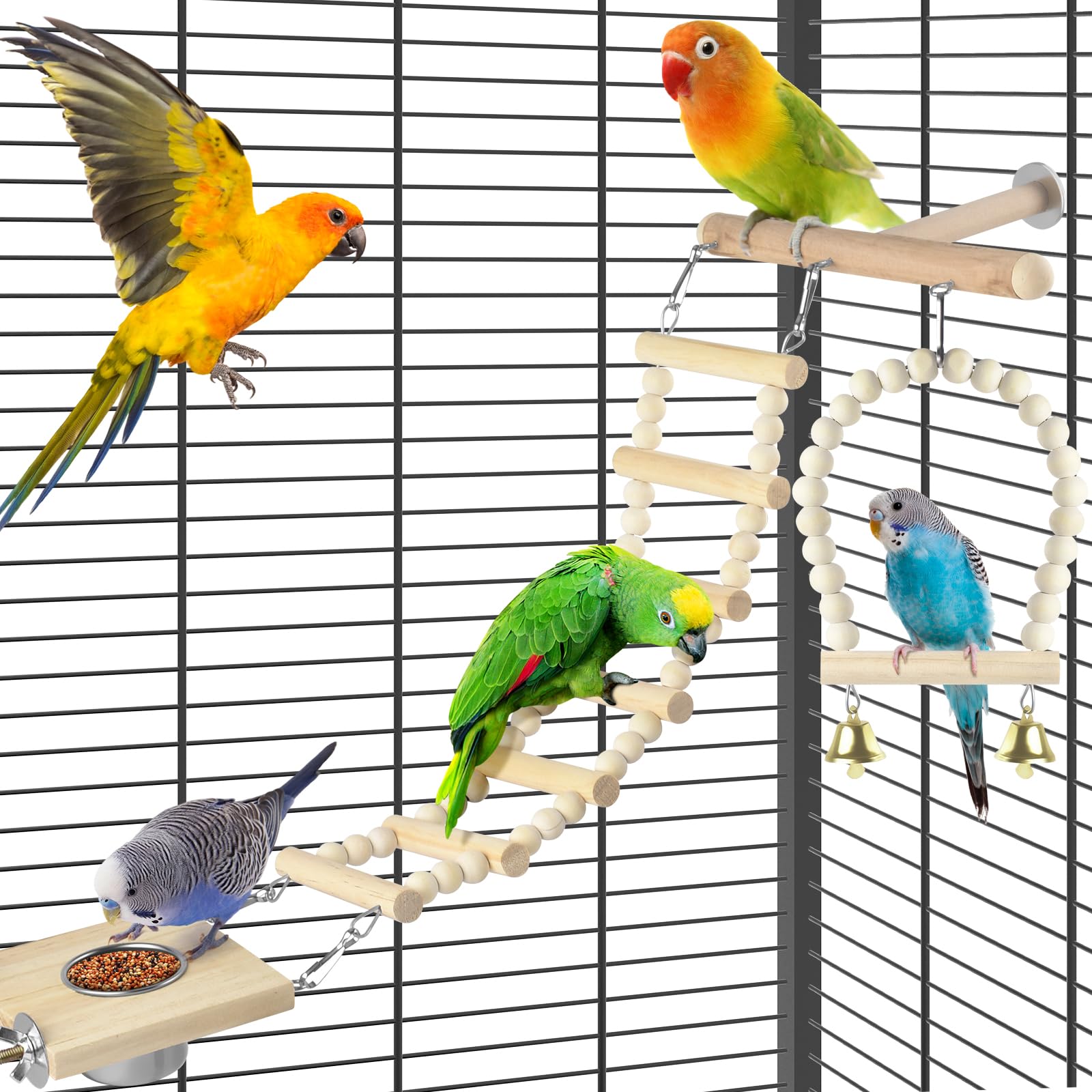 5in1 Bird Perch Ladder with Swing, Natural Wood Parrot Perches Platform with Stainless Steel Feeding Cup, Play Gyms Stands Playground for Budgie Conure Lovebird Canary Hamsters