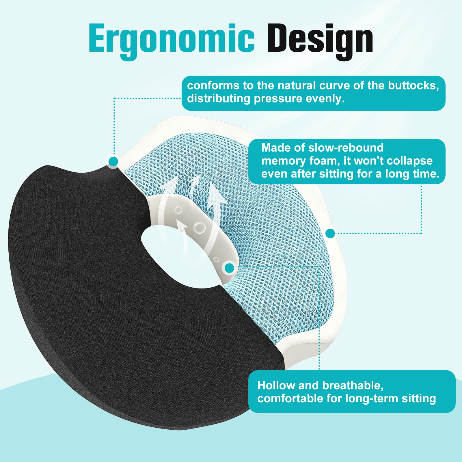 KIENG Cuscino da seduta in memory foam, per coccige, per alleviare la sciatica, il dolore all'anca e al coccige, per sedie da ufficio, sedie a rotelle, auto, con base antiscivolo per sedersi a lungo