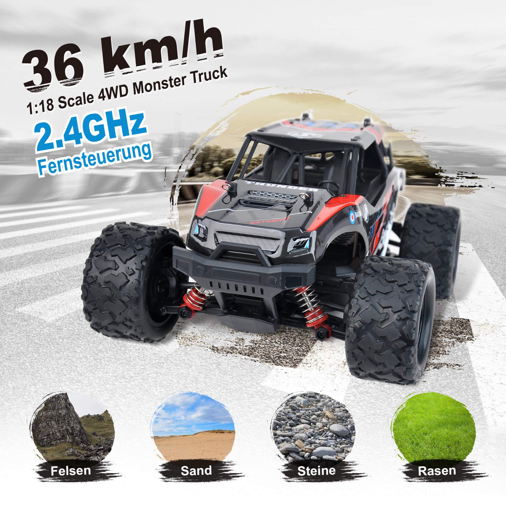 FunTomia Maximum RC Monster Truck - 4WD Thunder Car 36 km/h zdalnie sterowany samochód - części zamienne (1 x Monster Truck/Thunder Car)