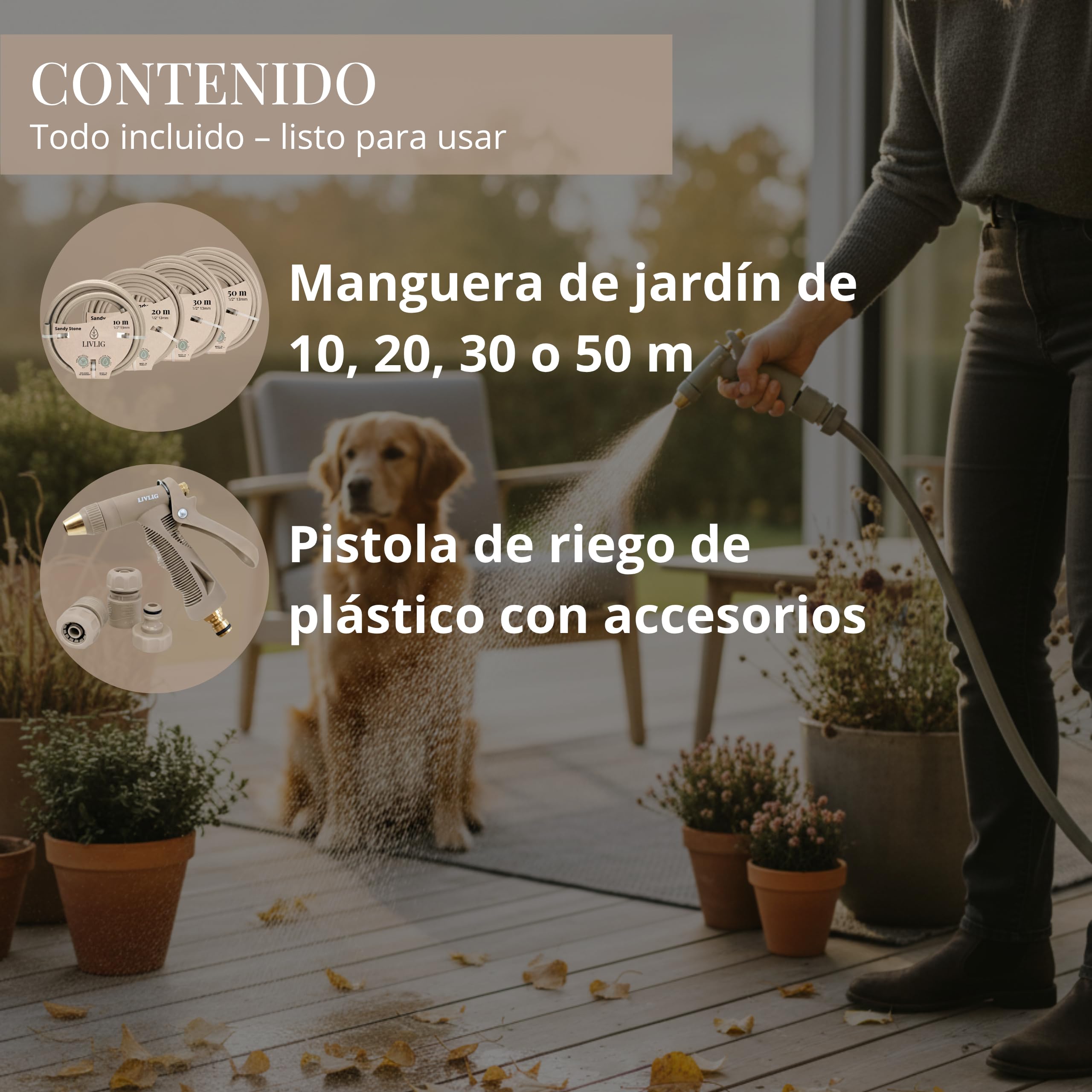 LIVLIG Set manguera 20 m 1/2" – tubo anti‑torsión y resistente a UV con pistola y conectores (G3/4, stop 1/2, rápido) – Beige