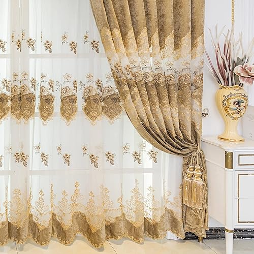 Miniatura 9 de ELKCA Cortina de felpilla bordada de lujo de estilo europeo para sala de estar, ojales superiores, 2 paneles (52 pulgadas de ancho x 96 pulgadas de