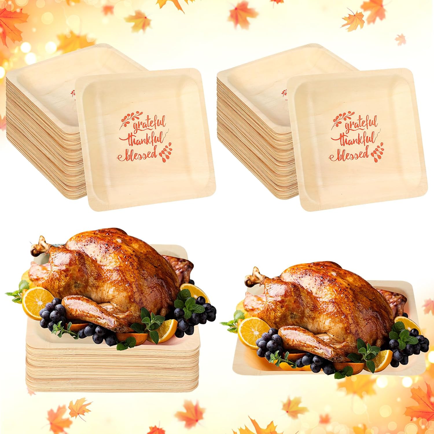 Yaomiao 50 Pcs 7 Inch Thanksgiving Wood Disposable Plates Thankful Grateful Blessd Print Square Disposable Wooden Plate Rectangle Plates Tableware for Appetizer Salad Dessert Wedding Party Events