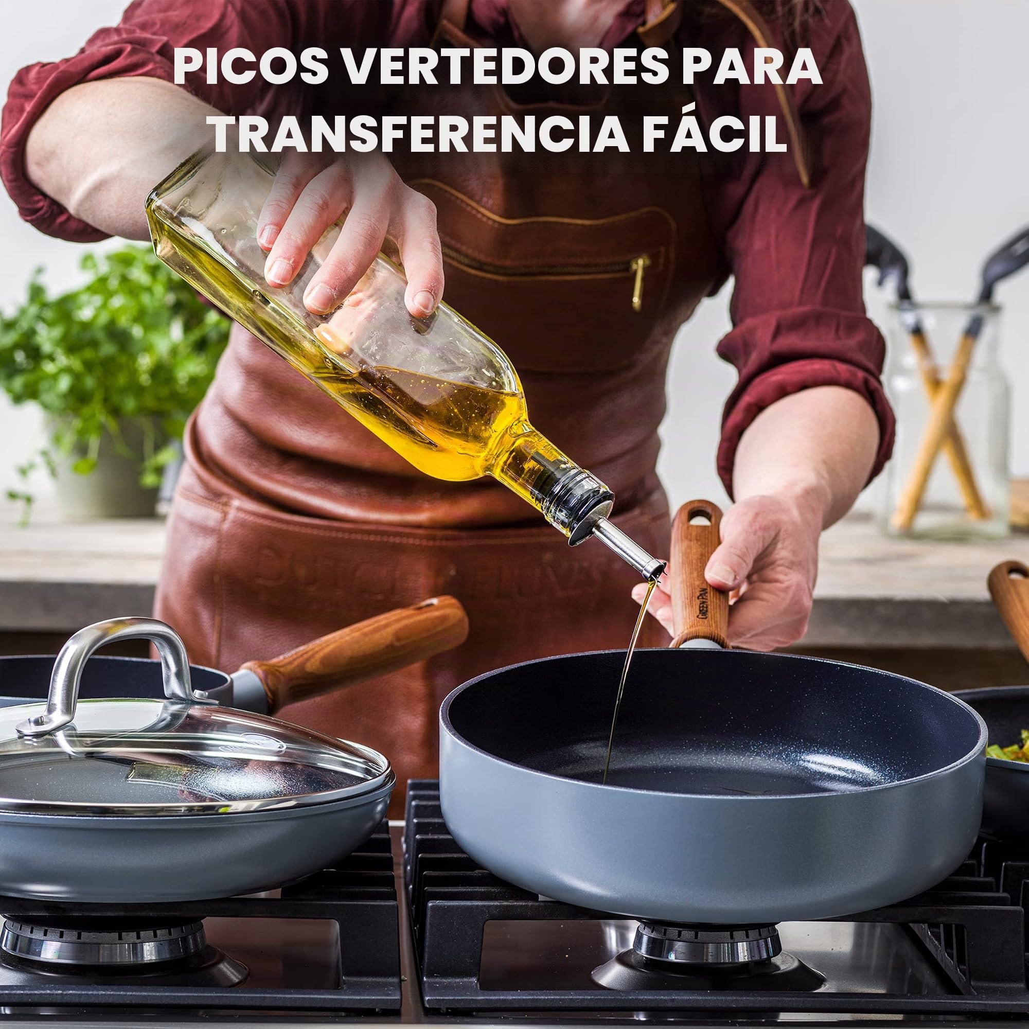 GreenPan Mayflower Pro Antiadherente Cerámica Saludable Anodizado Duro, Batería de Cocina de 9 Piezas, con Sartén, Cacerola y Utensilios, Mango de Madera Vintage, Sin PFAS, Inducción, Gris Carbón