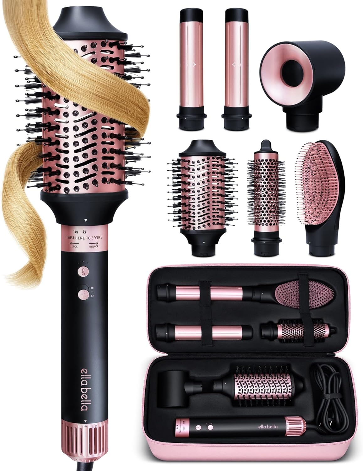 hot air styler attachments laid out showing brush and curling heads