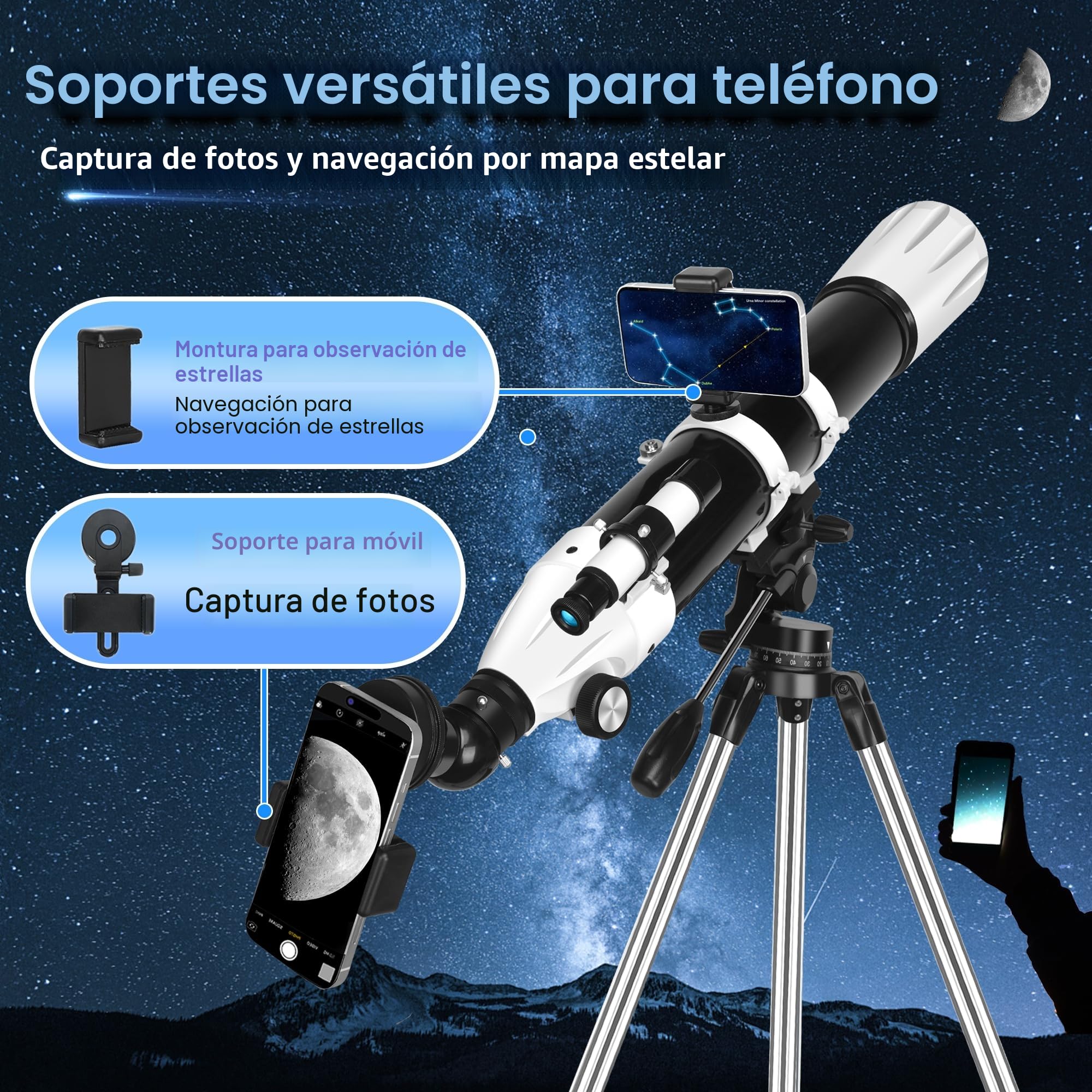 Telescopio Astronómico Adultos, 90 mm Apertura 900 mm HD Telescopio Profesional Refractor para Adultos y Principiantes con Bolsa Portátil, Trípode y Adaptador para Teléfono