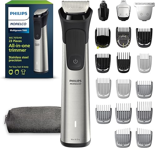 Norelco Philips MG797049 - Cortadora eléctrica de 23 piezas, serie 7000, para cara, barba, cabeza y cuerpo, cuchillas de titanio autoafilables, 26
