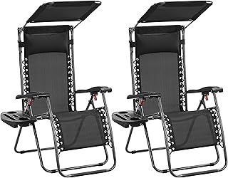 Yaheetch Outdoor Zero Gravity Sun Lounger Foldable Recliner Adjustable Patio Garden Chair w/Canopy, Cup Holder, Carry Strap for Beach Deck Camping Black/2