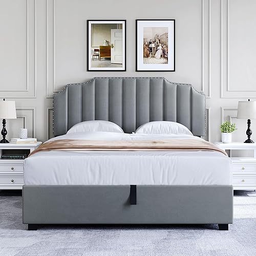 Miniatura 7 de DWVO Base de cama de almacenamiento elevable de tamaño matrimonial con cabecera tapizada ajustable, listones de madera resistentes y soporte de base