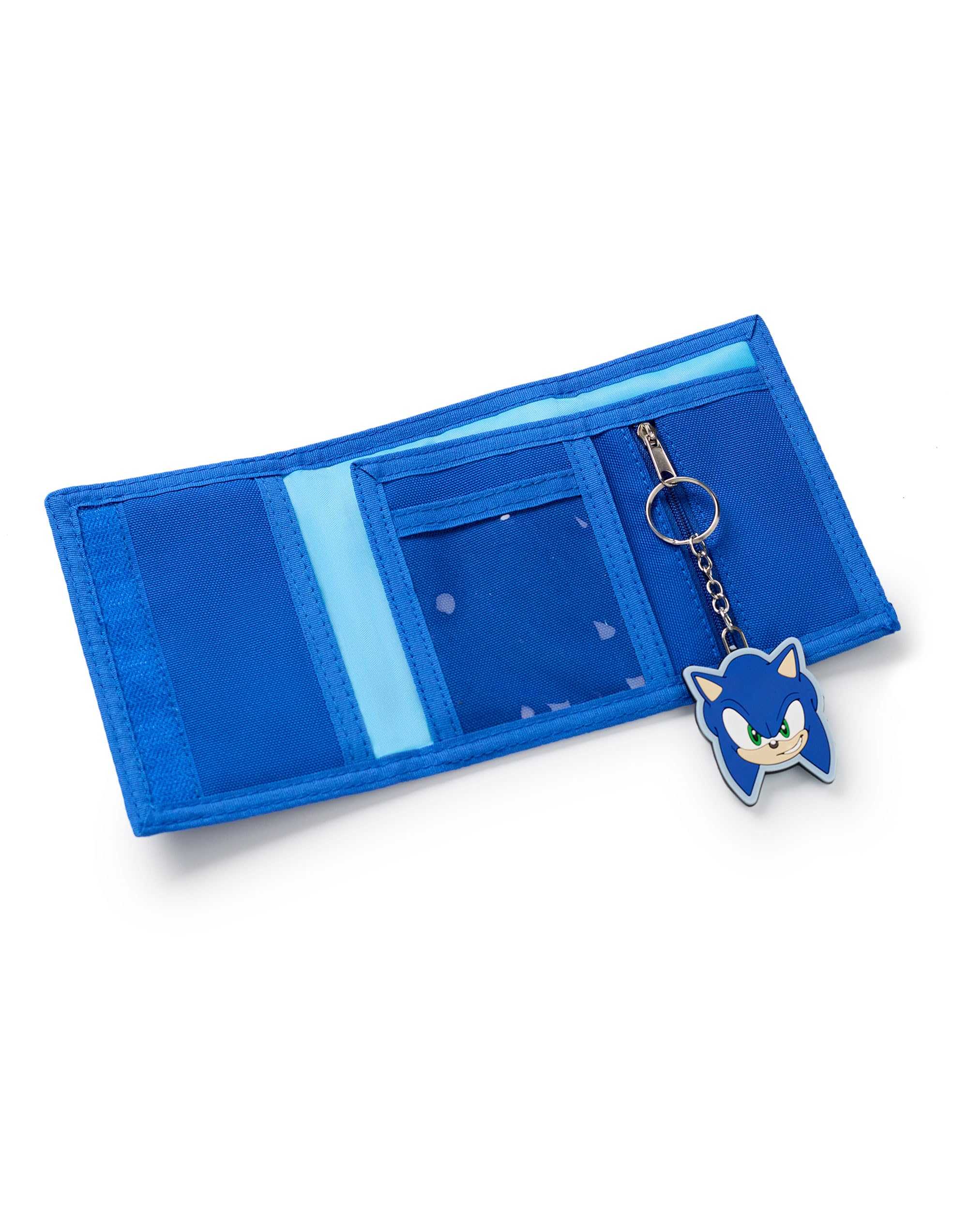Sonic The Hedgehog Cartera con Cierre de Gancho y Bucle | Cartera Triple Azul con Estampado gráfico de Sonic y Tails para niños | Tarjetero y Efectivo con Llavero Sonic Head