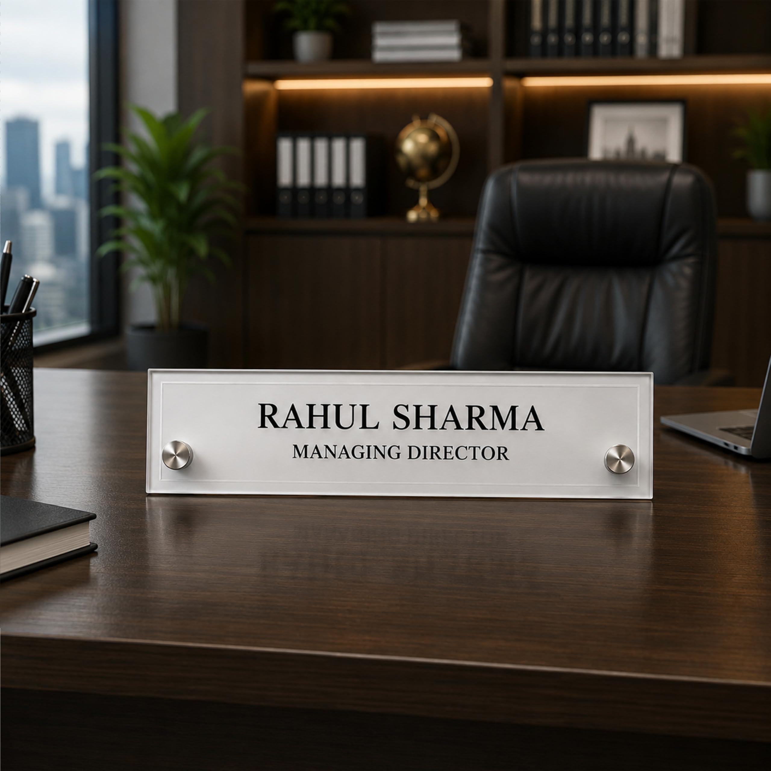 Gugan's Acrylic Desk Name Plate - Personalised Desk Name Plate, Custom Desk Sign, Office Plaque, Executive Office Sign (10 x 3 Inches Frost)