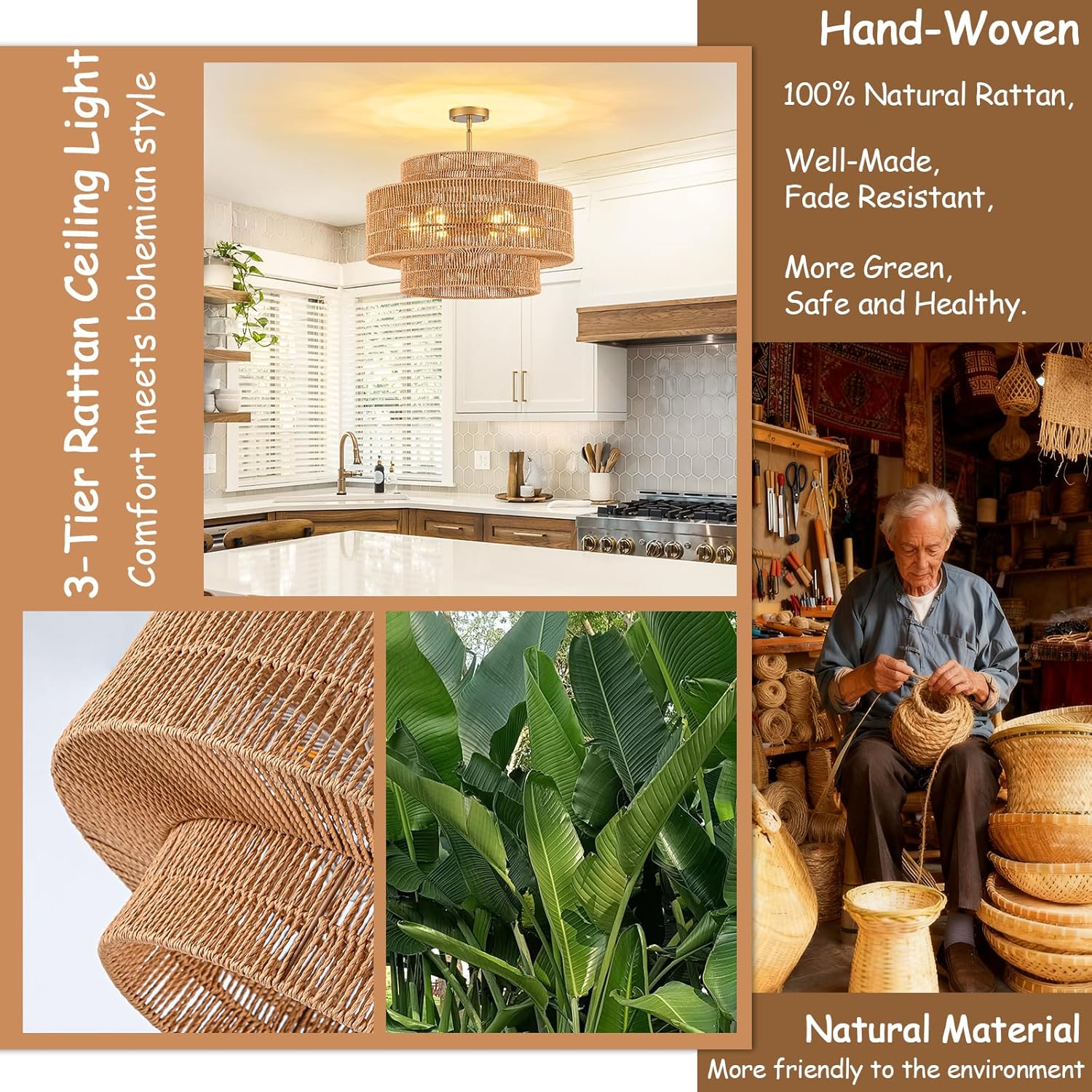 23.6" Rattan Light Fixtures Ceiling Mount, 6-Light Boho Flush Mount Ceiling Light with 3-Tier Hand-Woven Drum Shade, Rustic Rattan Chandelier for Dining Room Living Room Kitchen Island Farmhouse Foyer