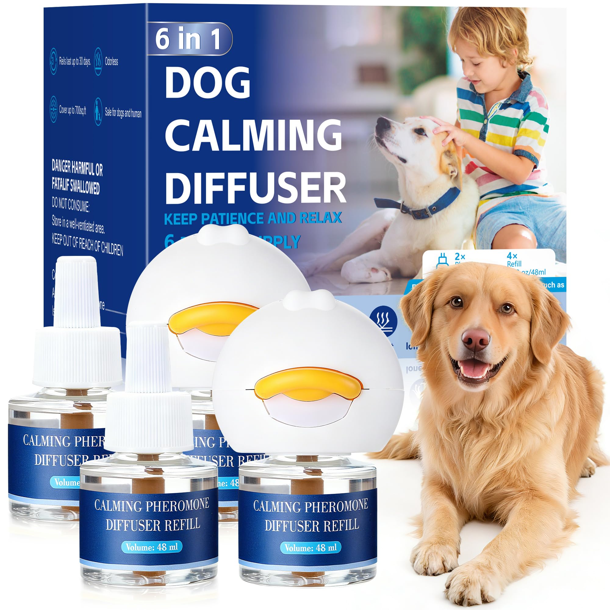 Jeweeio 6-In-1 Dog Calming Pheromone Diffuser (2 Plug in + 4 Refills), Relief Anxiety, Storm Stress & Indoor Behavior Support, 120 Days Long Lasting Refill, Natural Odorless Safe Formula