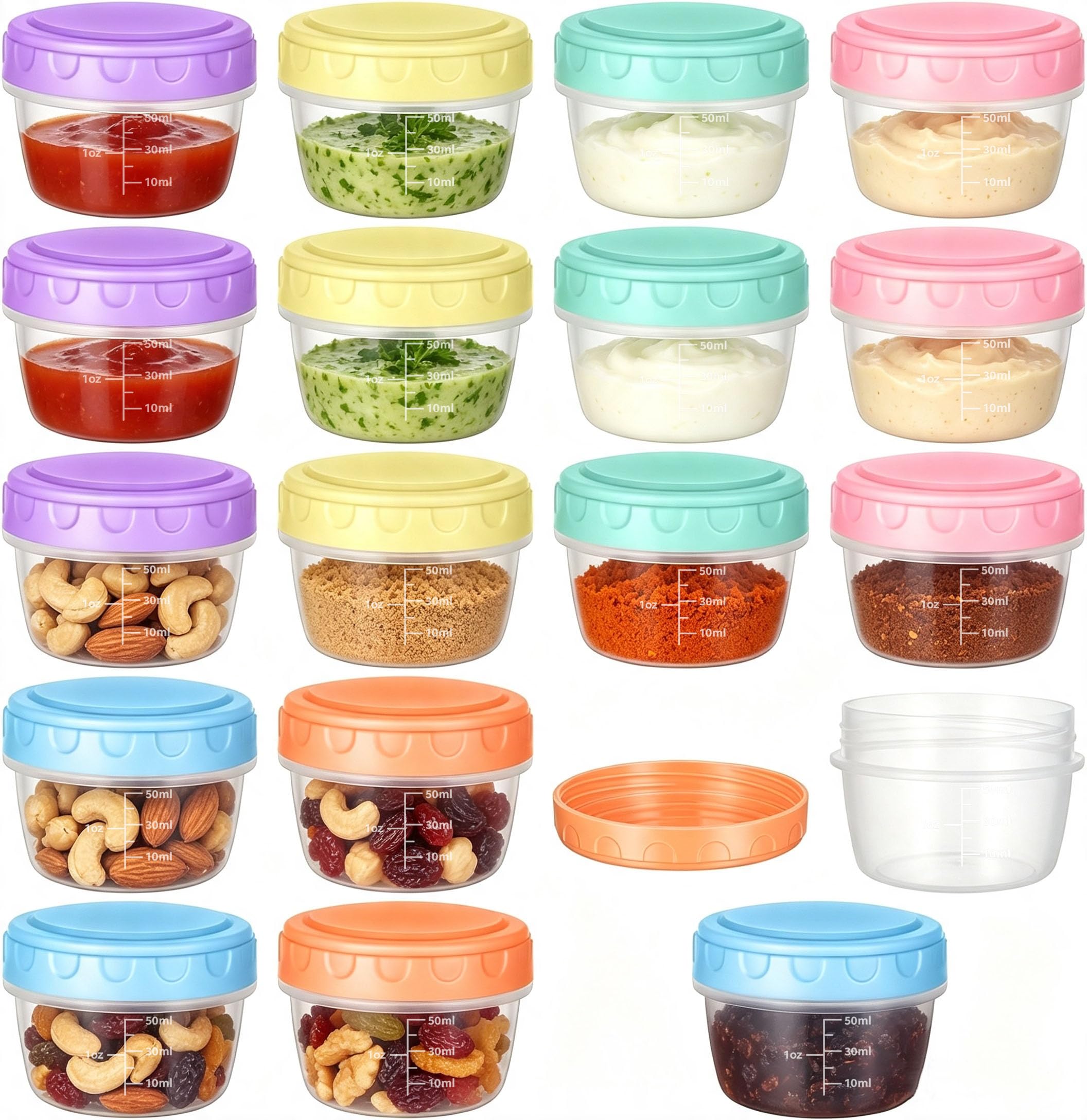 Gokemuak 18 Stück 80ML Gefrierdosen Klein mit Deckel, Kleine Dosen mit Messskala, BPA-frei Mini Frischhaltedosen, Wiederverwendbare, Auslaufsichere Für Sauces, Gewürze, Snacks, Babynahrung (6 Farben)