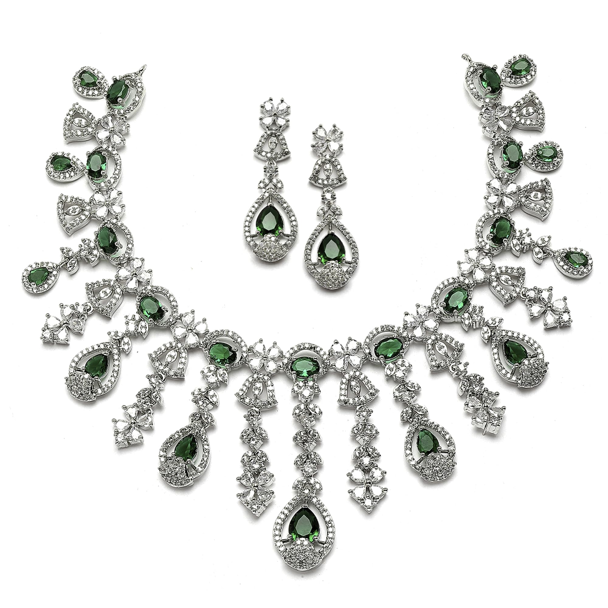ZENEME Rhodium-Plated American Diamond Studded Teardrop Tasselled Necklace With Earrings Jewellery Set For Girls and Women (Green) (B0CGRG499L) Amazon Price History, Amazon Price Tracker
