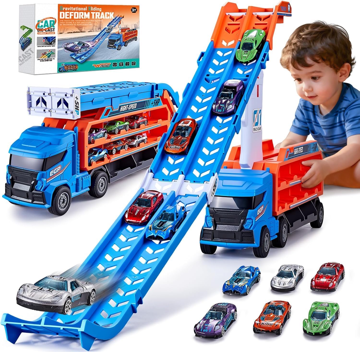 Race Track Truck Toys for 3 4 5 6 Years Old Kids - Carrier Truck Transport Car with 6 Die-Cast Cars Toys, 4-in-1 Truck with 2 Foldable Race Tracks, Christmas Birthday Gifts Toy for Toddler Boys, Blue