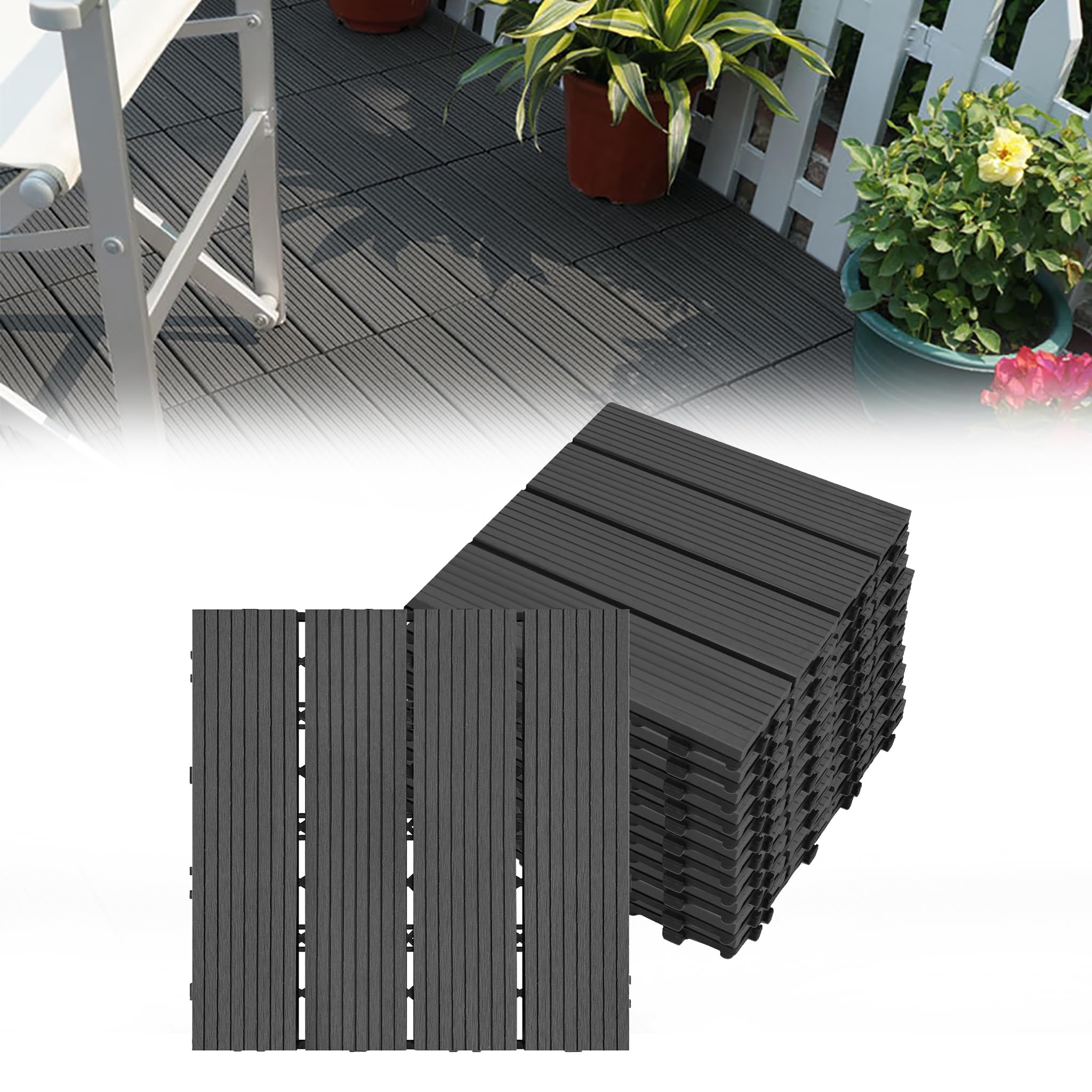 HENGMEI WPC Fliesen Terrassenfliesen 30x30cm Balkonfliesen Klickfliesen Bodenbelag mit klicksystem, 3m²/33 Stück, für Terrasse und Balkon, Anthrazit