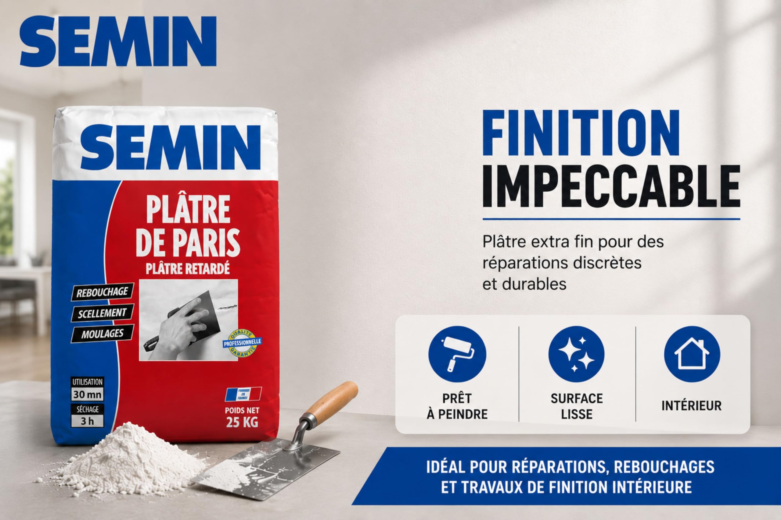 SEMIN Plâtre de Paris 25 kg - Plâtre Naturel Extra Fin - Moulages, Scellements, Rebouchage et Réparations Intérieures - Séchage Rapide 3h - Finition Blanche - Fabriqué en France - Lot de 2