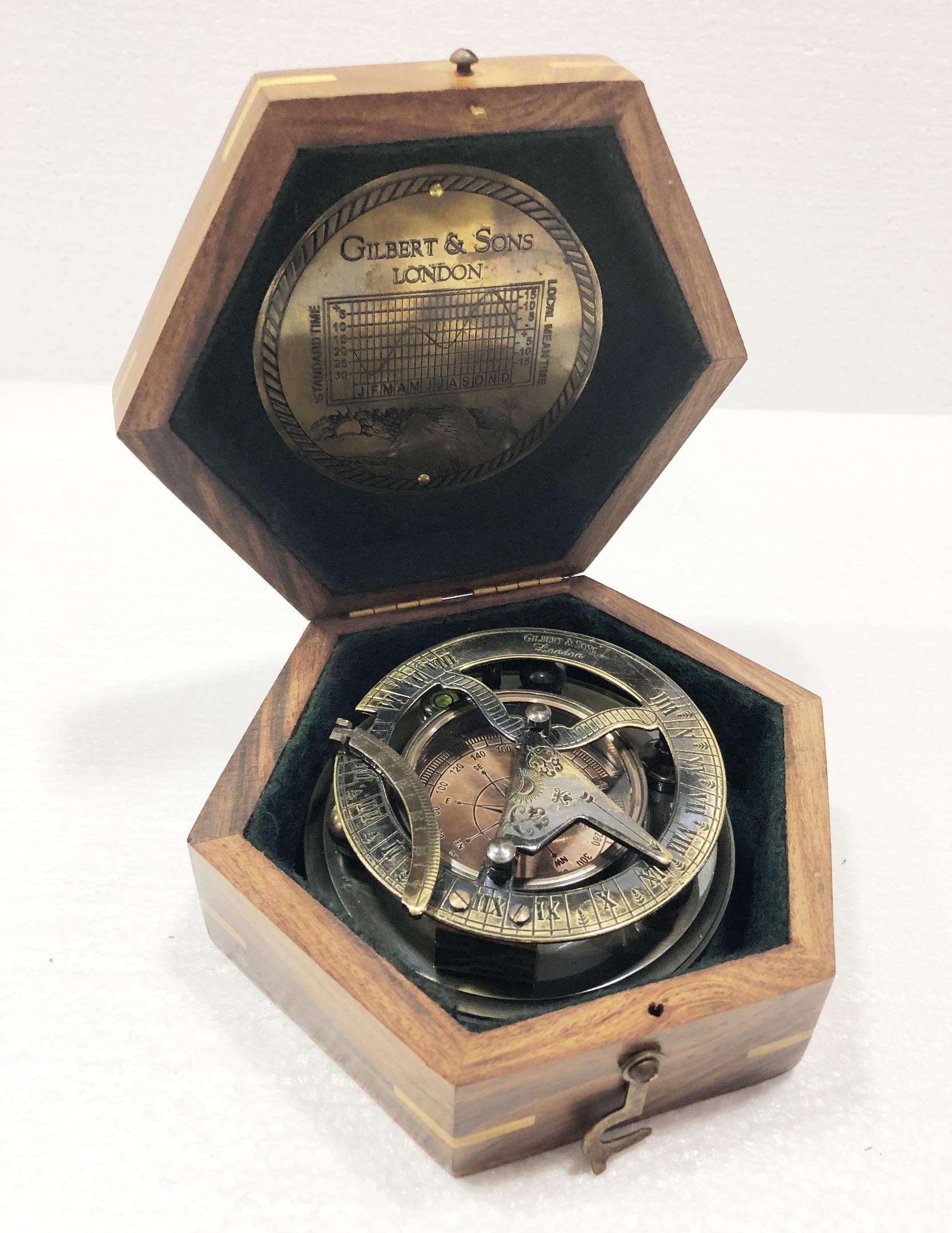 Antique Brújula de navegación de latón con caja de madera con grabado náutico redondo Gilbert & Sons London Compass de 7,62 cm